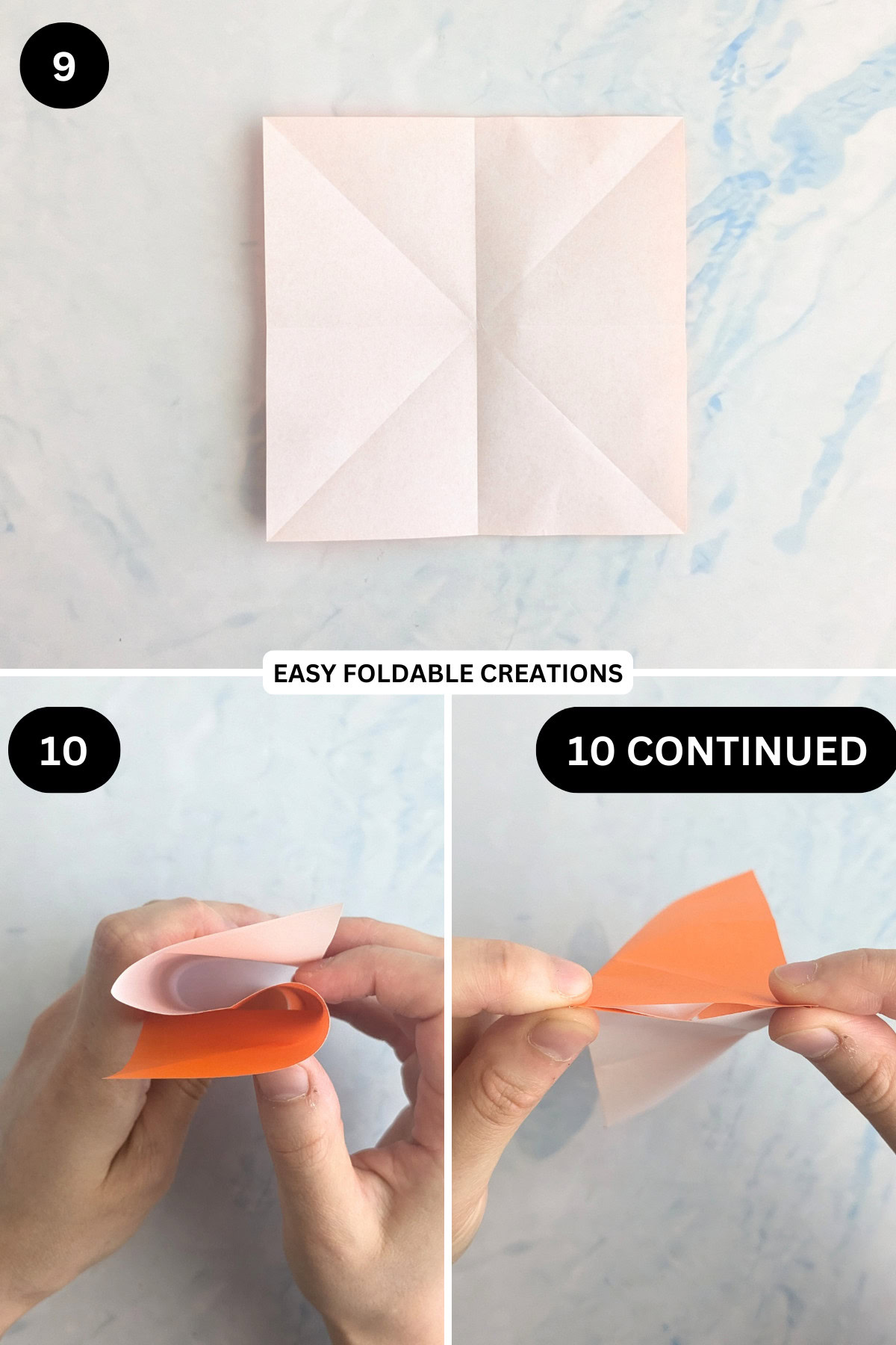 Steps 9 to 10 for folding an origami ghost in pumpkin.