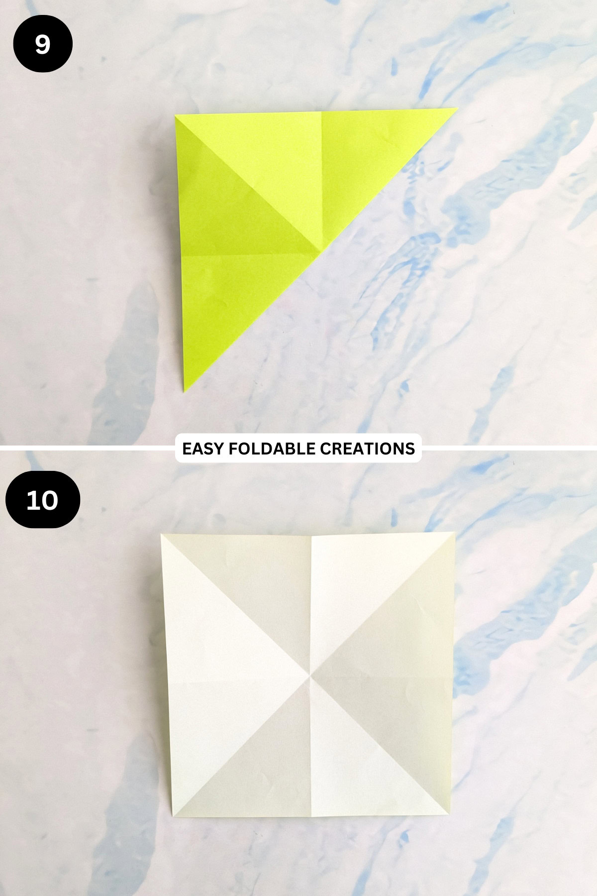 Steps 9 to 10 for folding a pleated DIY paper gift bag.