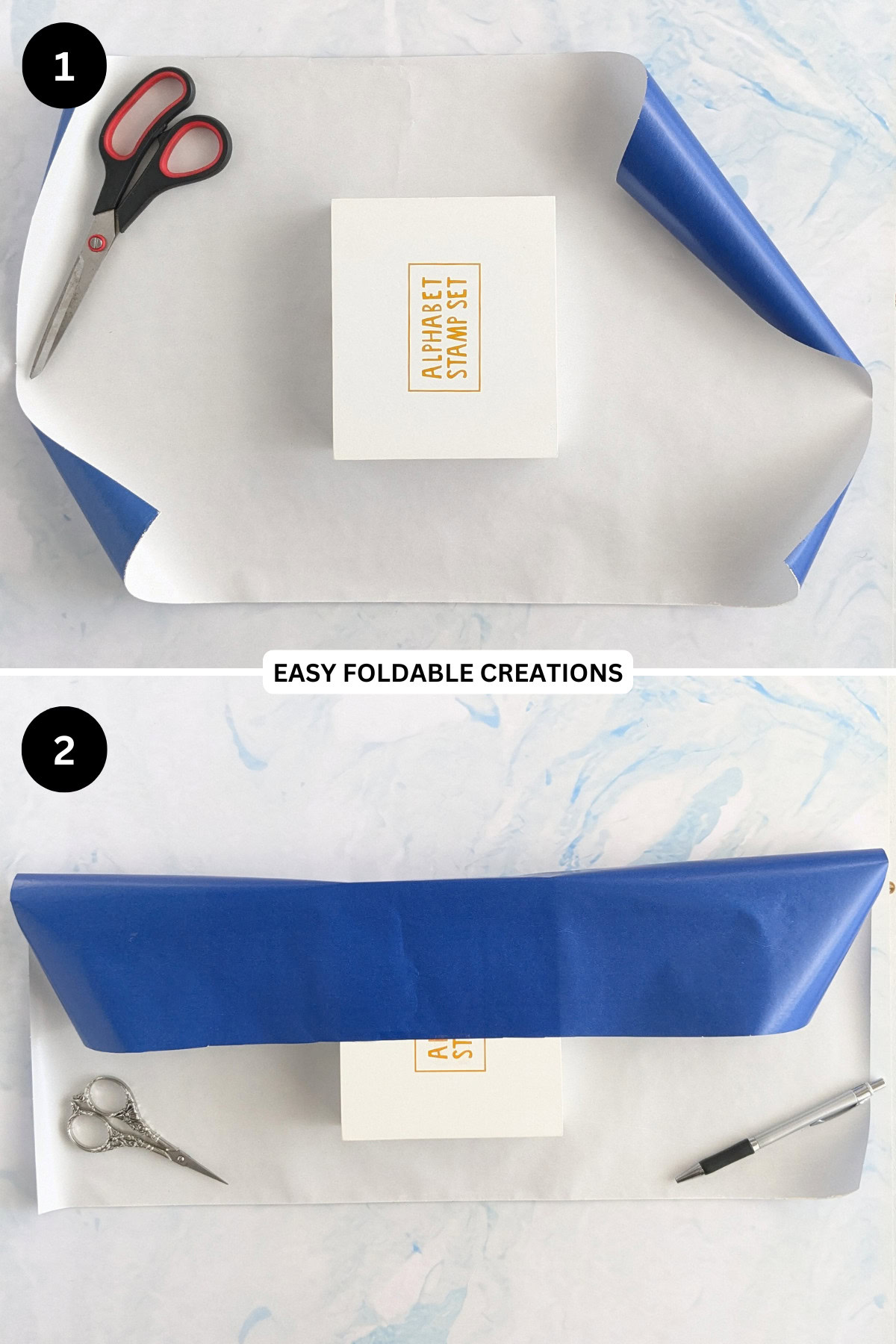 Steps 1 to 2 for folding a pleated gift wrap.