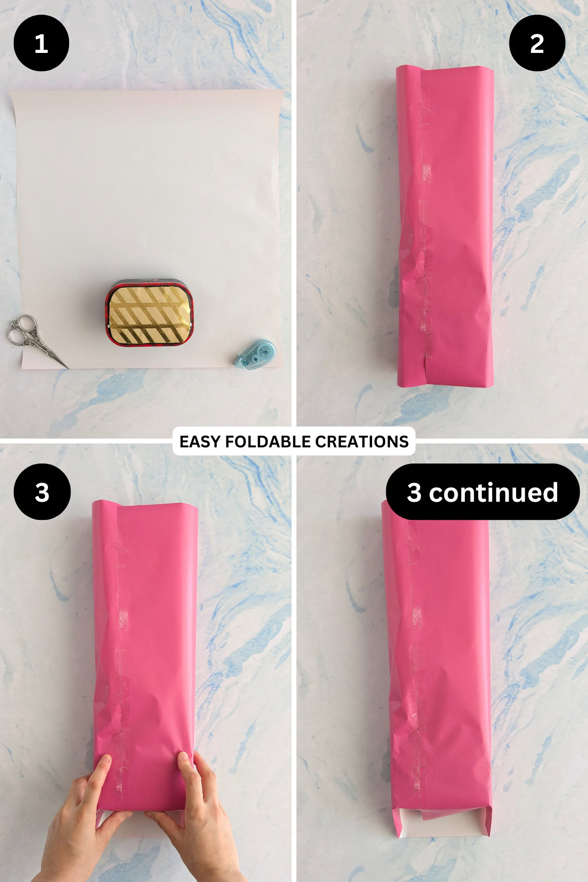 Steps 1 to 3 for wrapping a gift with a fan.