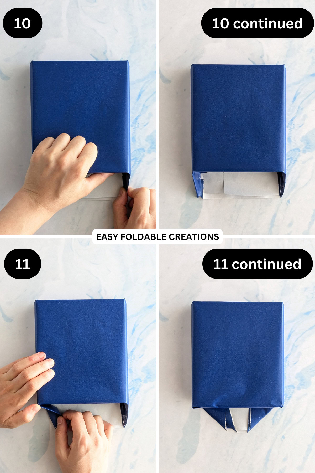 Steps 10 to 11 for folding a pleated gift wrap.