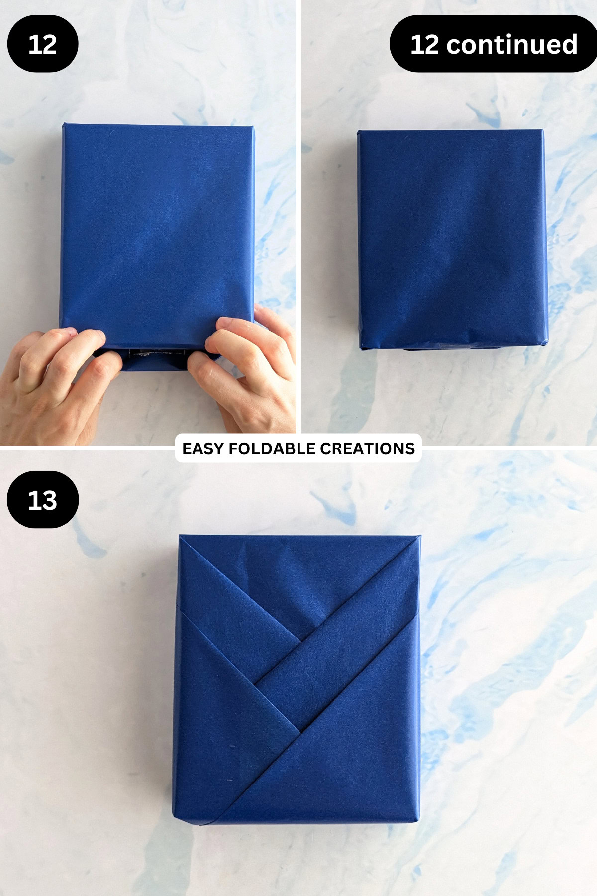 Steps 12 to 13 for folding a pleated gift wrap.