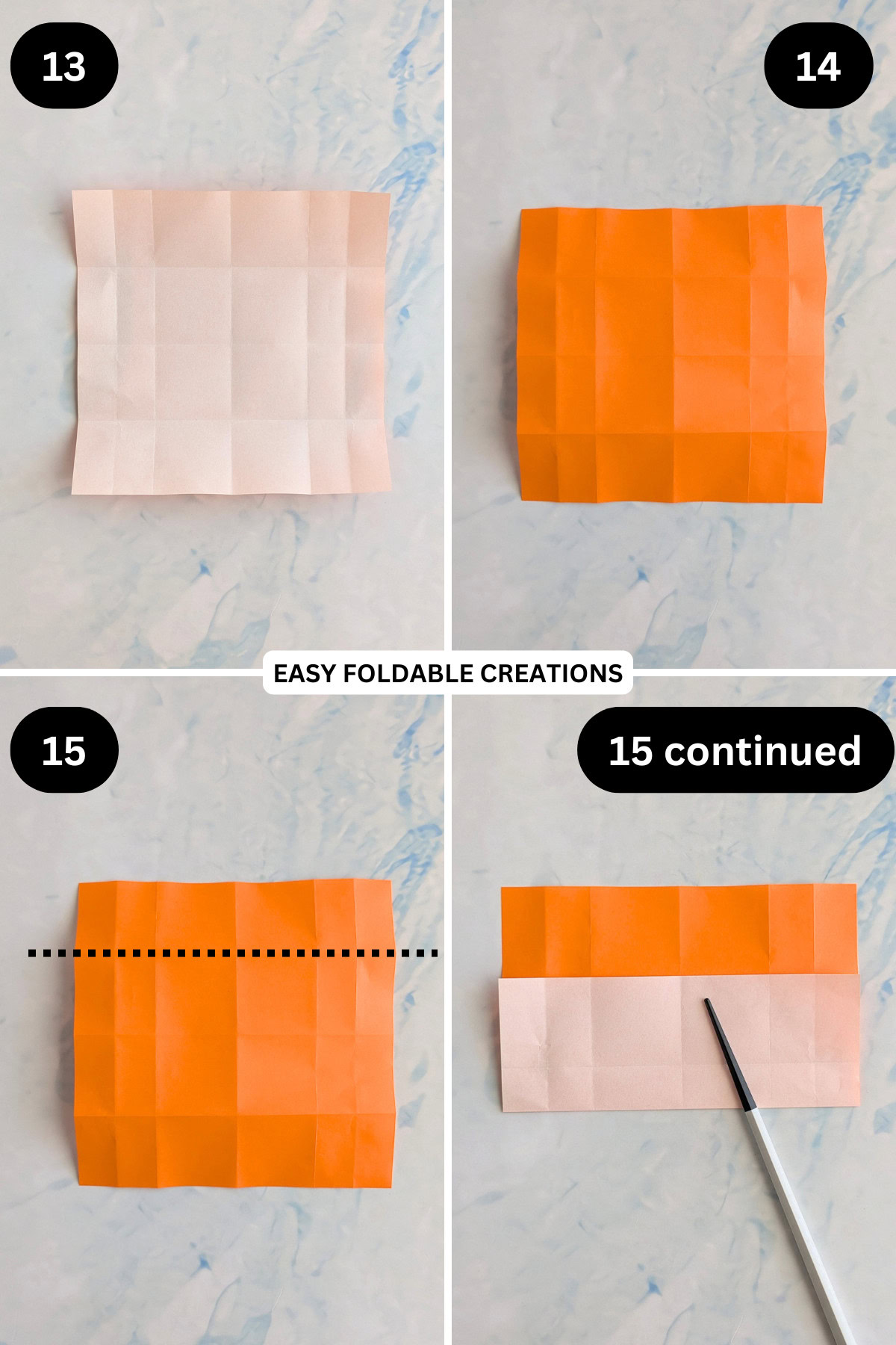 Steps 13 to 15 for folding an origami Christmas ornament.