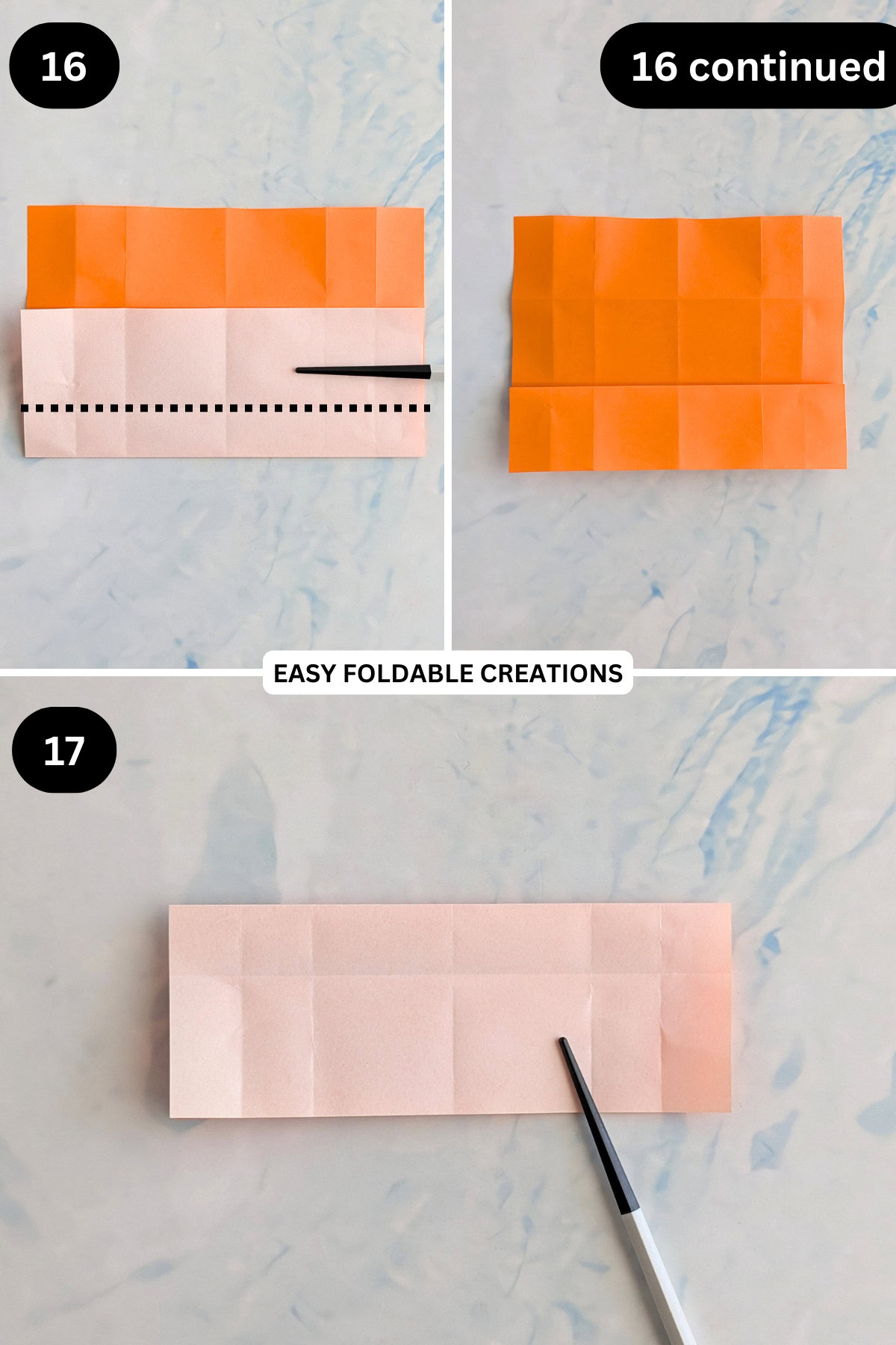 Steps 16 to 17 for folding an origami Christmas ornament.