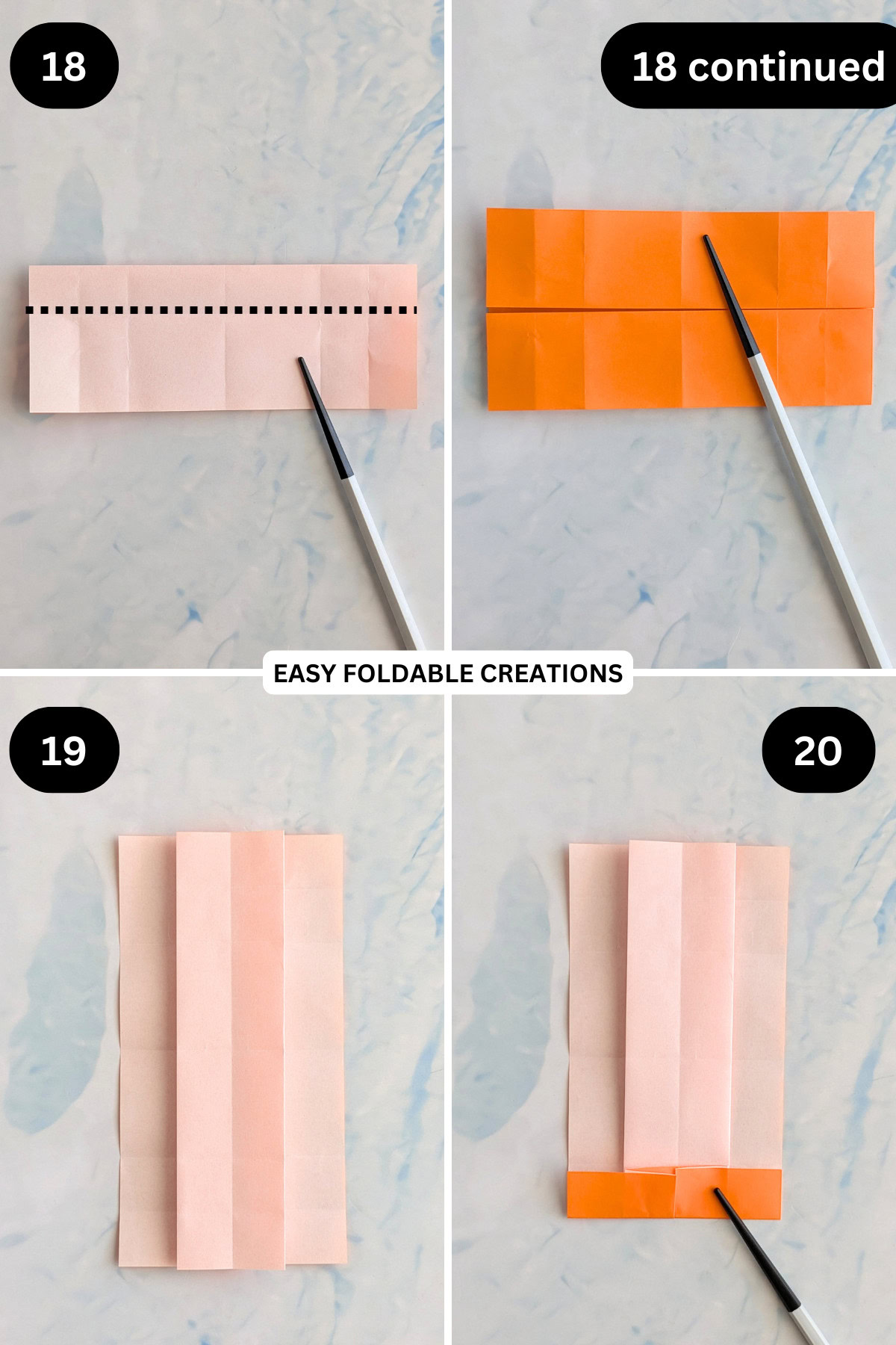 Steps 18 to 20 for folding an origami Christmas ornament.