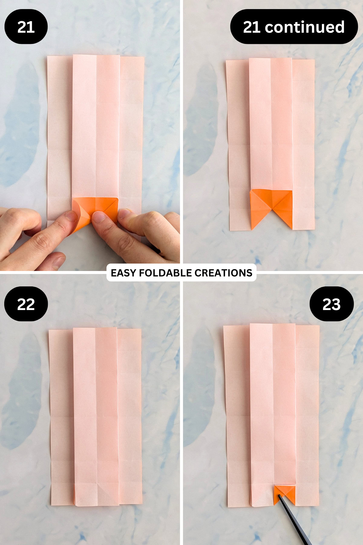 Steps 21 to 23 for folding an origami Christmas ornament.