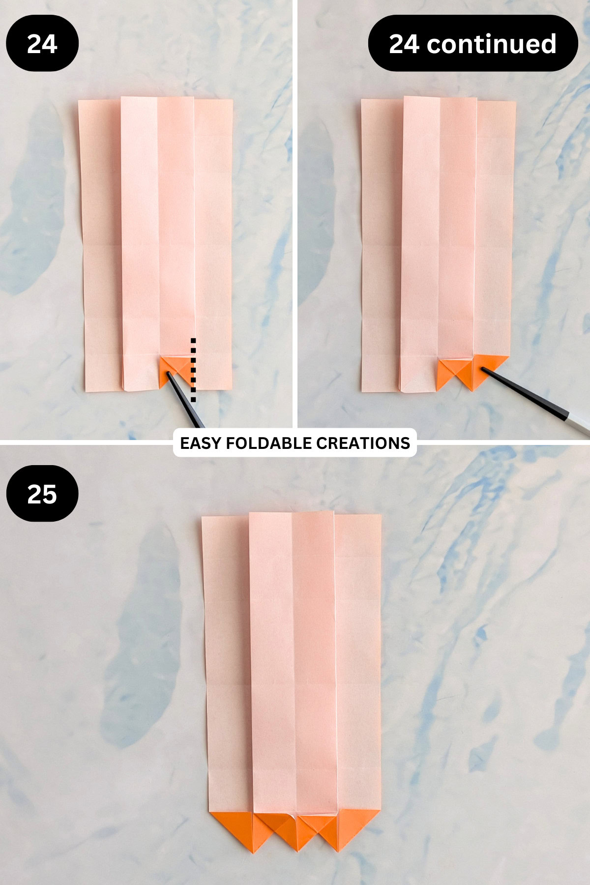 Steps 24 to 25 for folding an origami Christmas ornament.