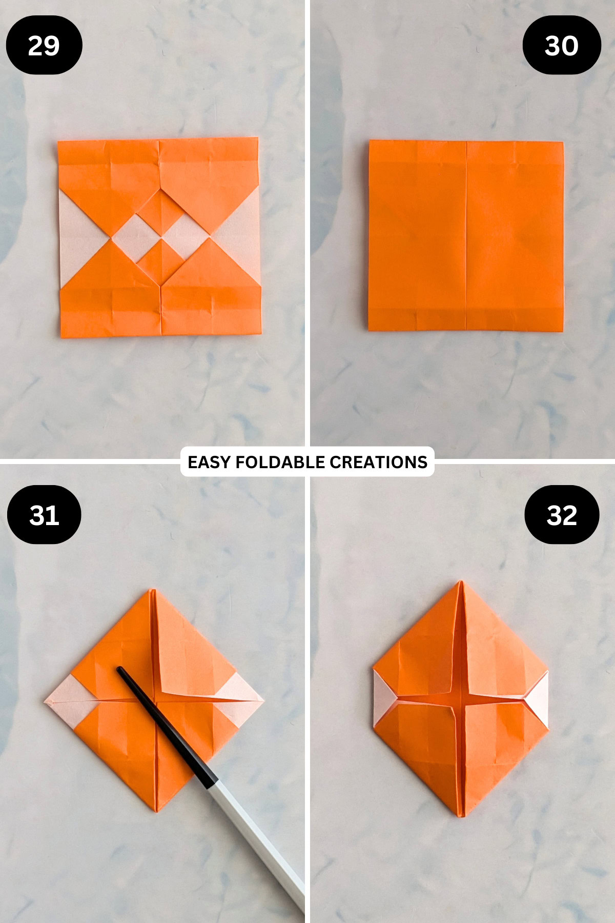 Steps 29 to 32 for folding an origami Christmas ornament.