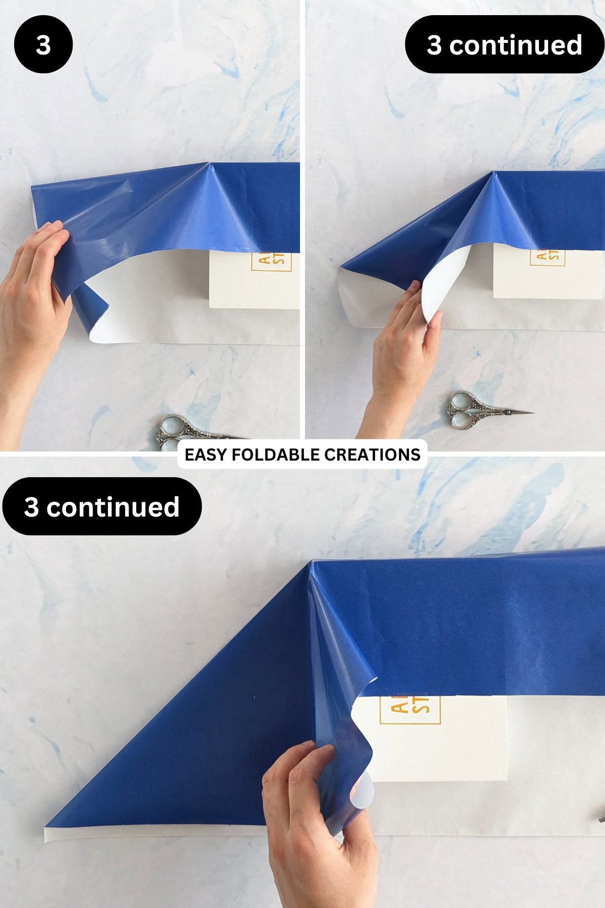 Step 3 for folding a pleated gift wrap.