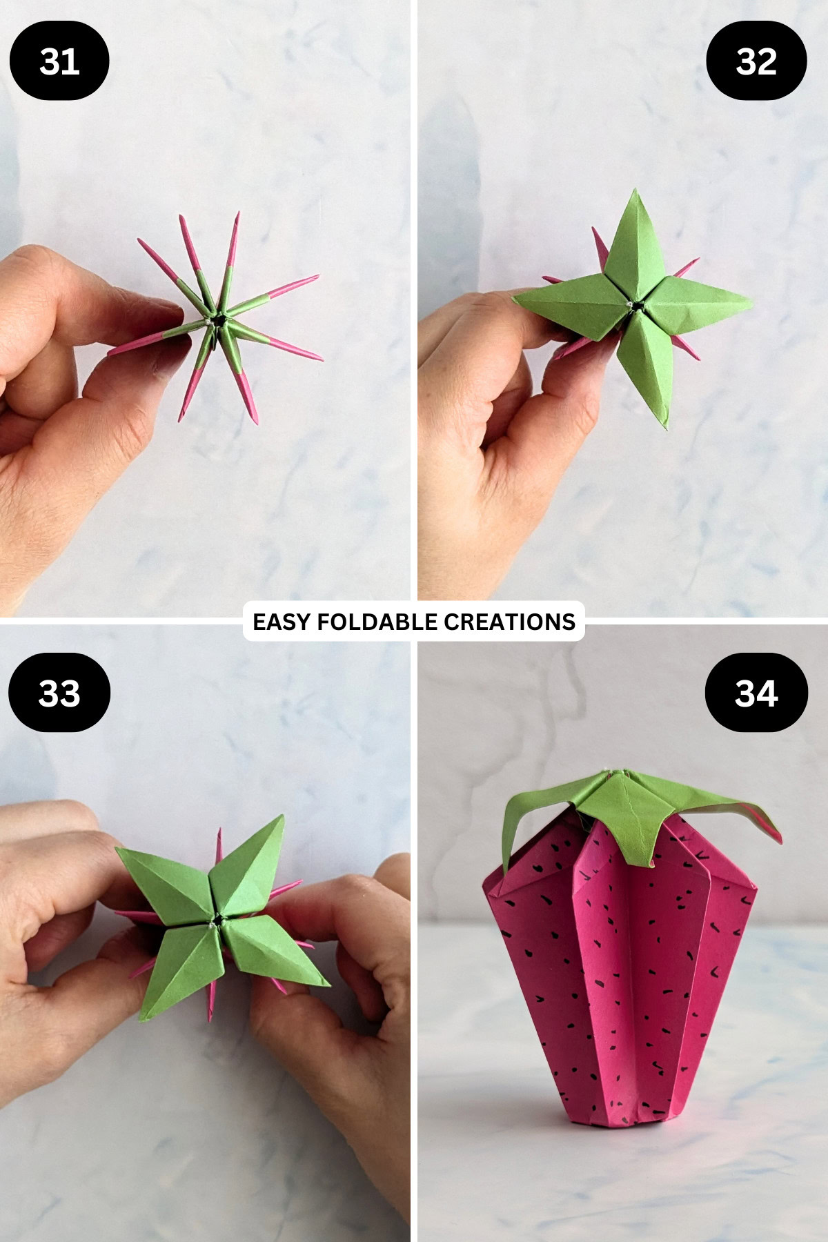 Steps 31 to 34 for folding an origami strawberry.