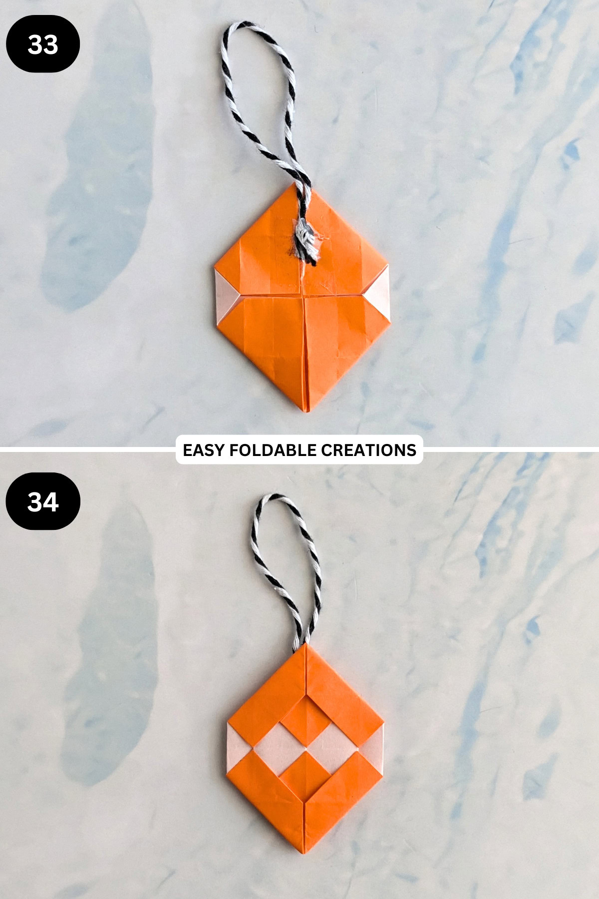Steps 33 to 34 for folding an origami Christmas ornament.