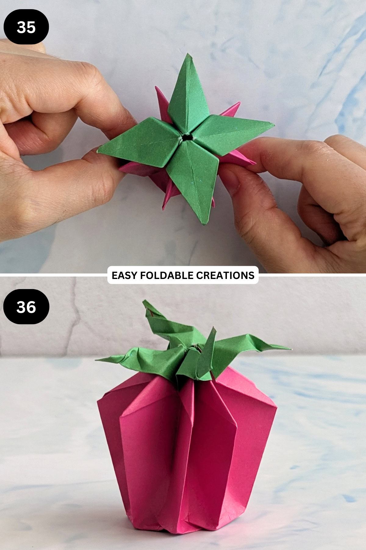 Steps 35 to 36 for folding an origami pumpkin.