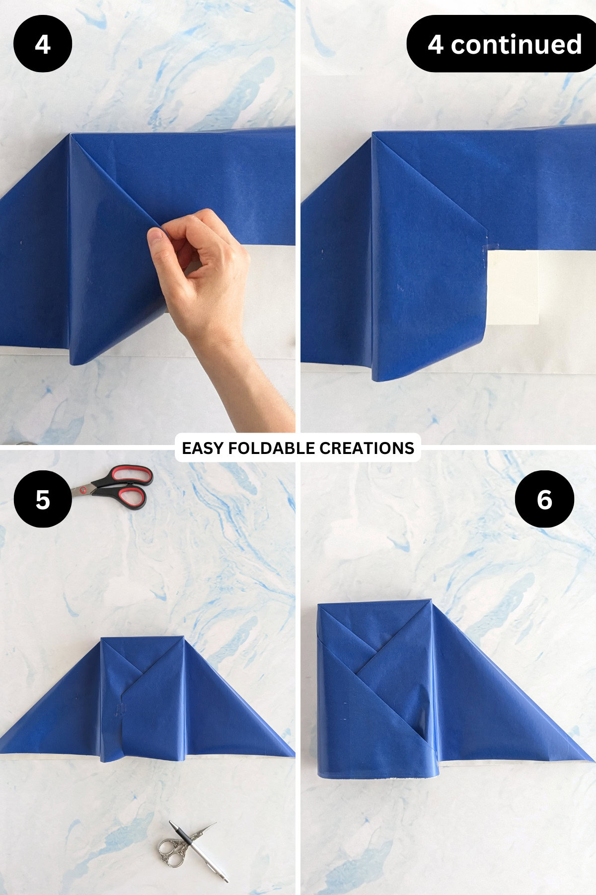 Steps 4 to 6 for folding a pleated gift wrap.