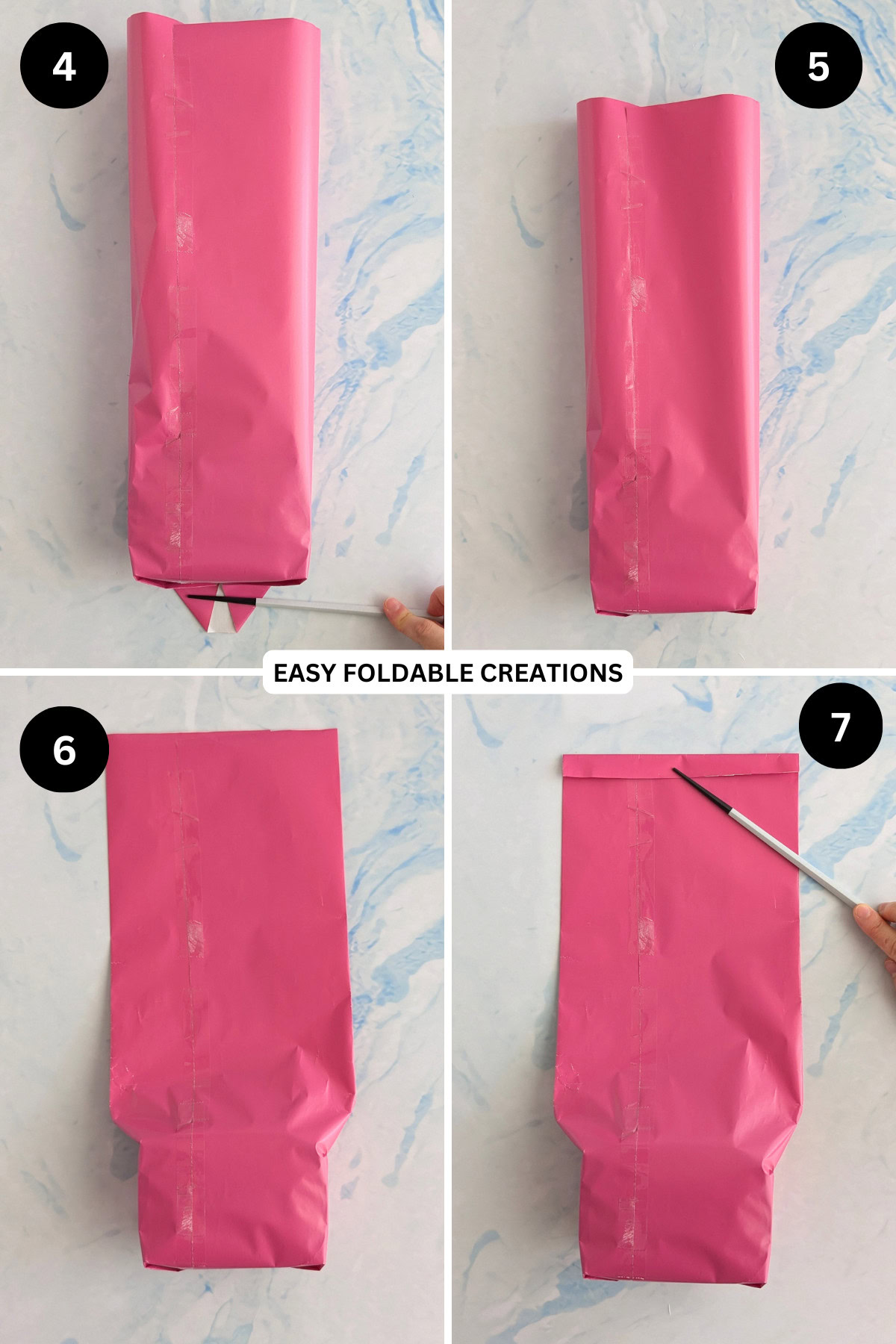 Steps 4 to 7 for wrapping a gift with a fan.
