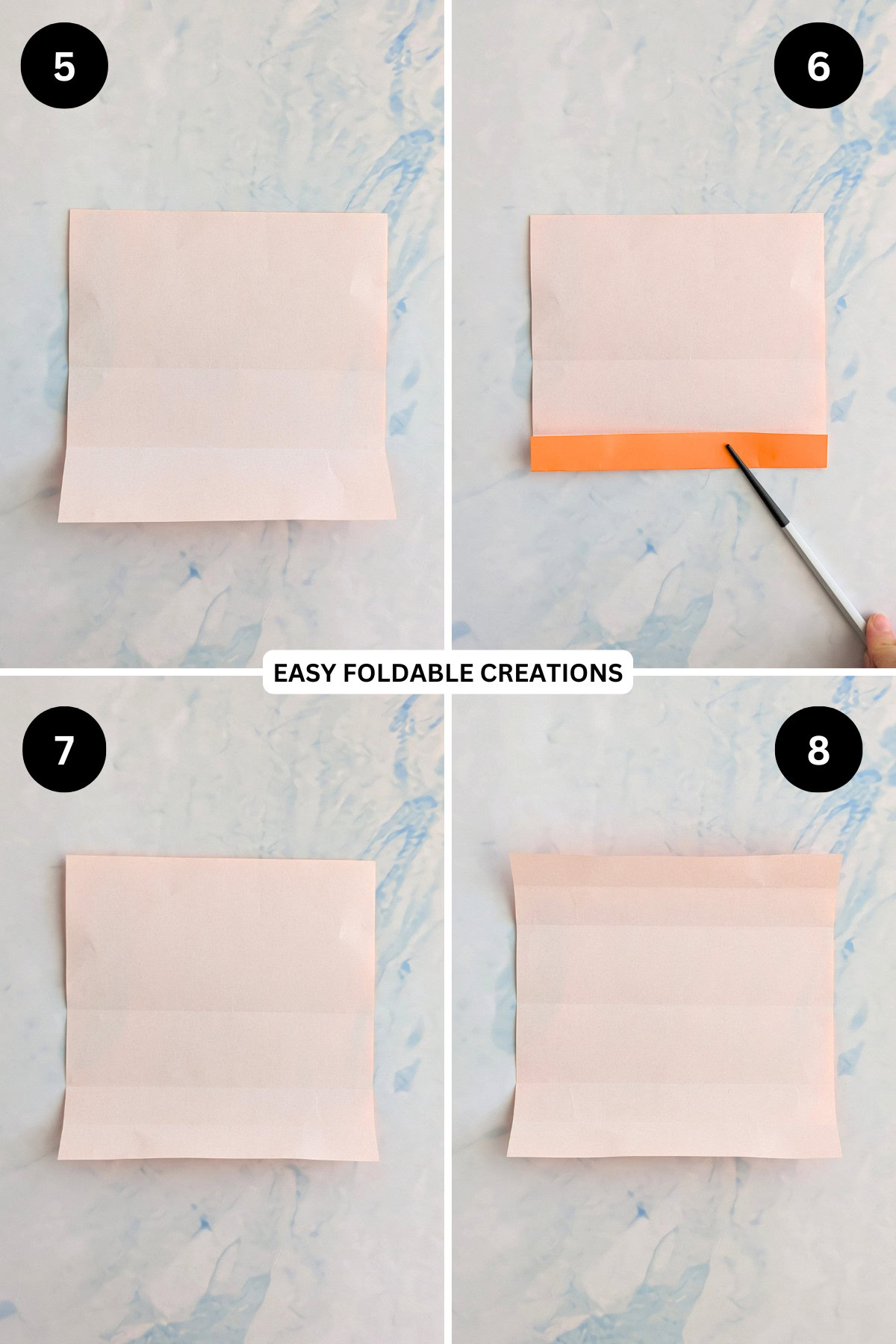 Steps 5 to 8 for folding an origami Christmas ornament.