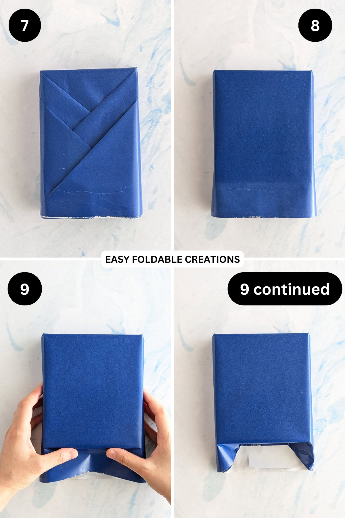Steps 7 to 9 for folding a pleated gift wrap.