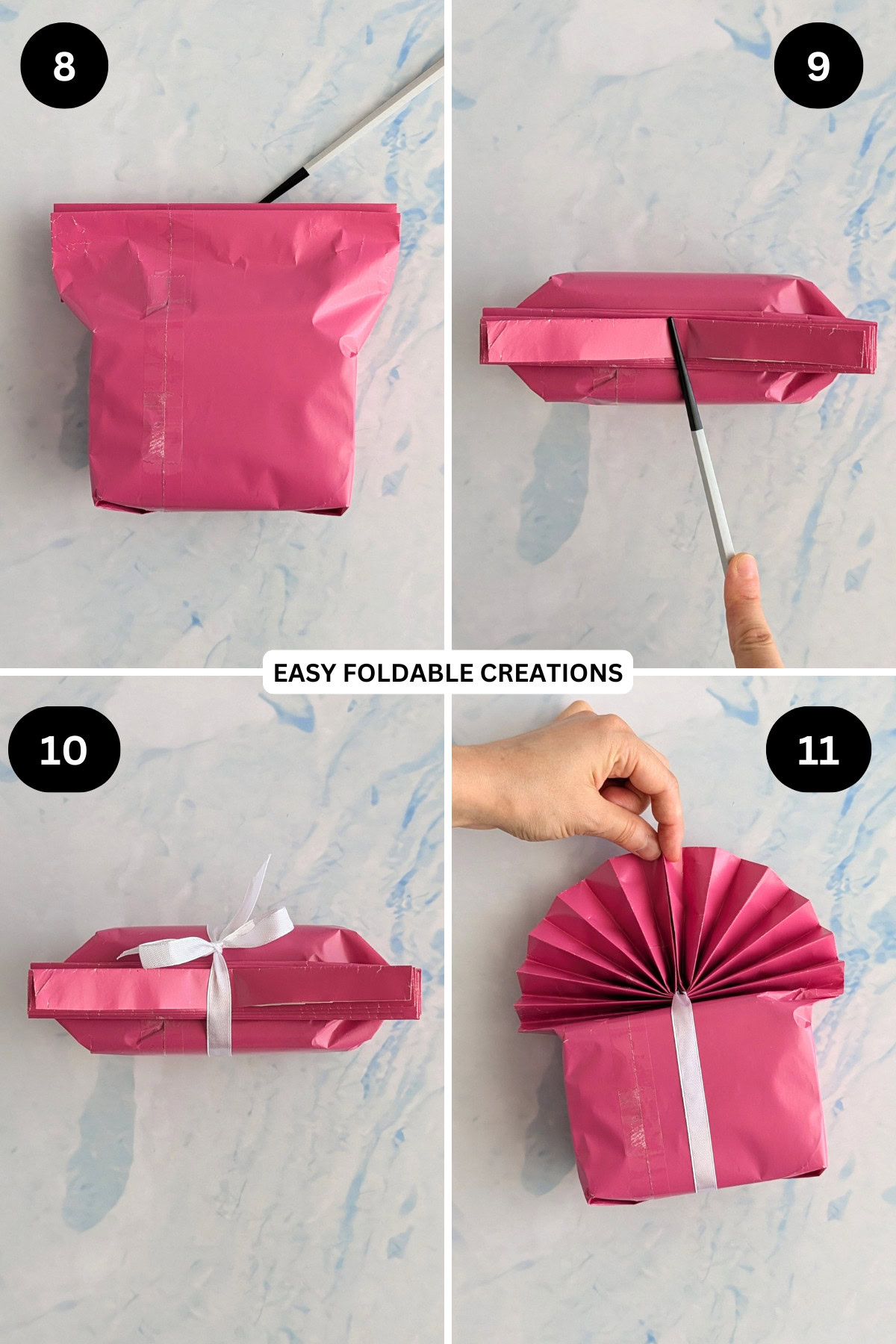 Steps 8 to 11 for wrapping a gift with a fan.