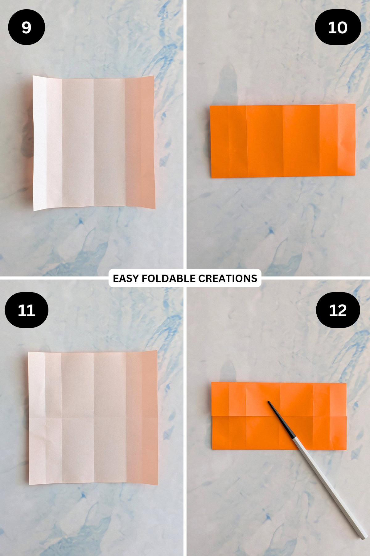 Steps 9 to 12 for folding an origami Christmas ornament.