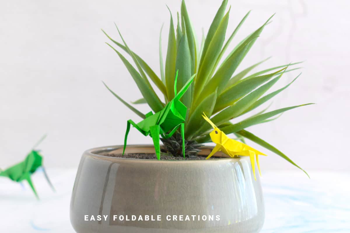 Origami grasshoppers.