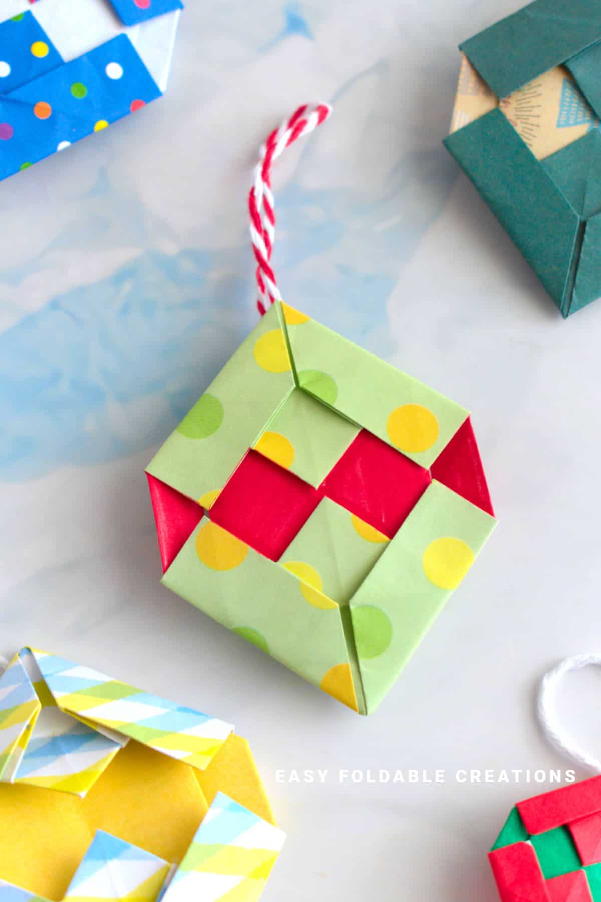 Close up image of an origami ornament.