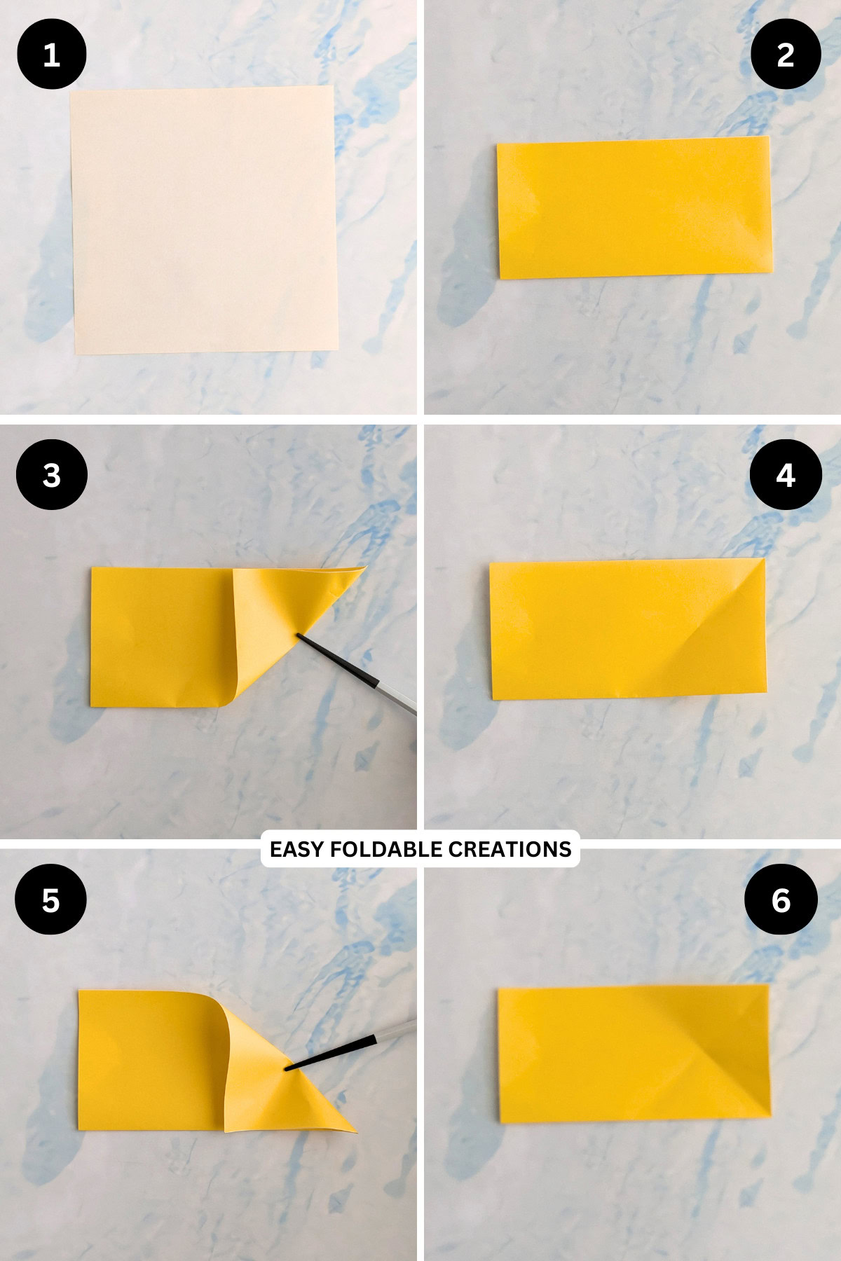 Steps 1 to 6 for folding an origami star.