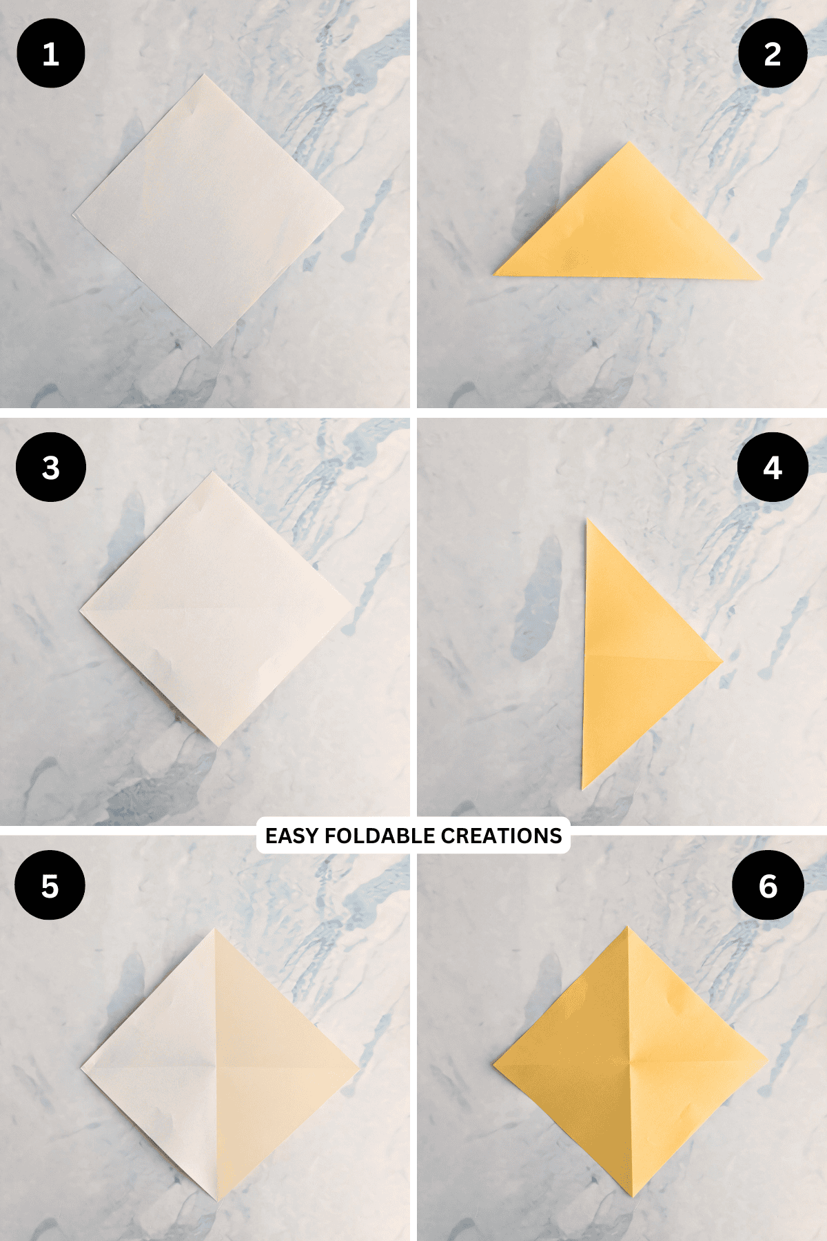 Steps 1 to 6 for folding an origami banana.