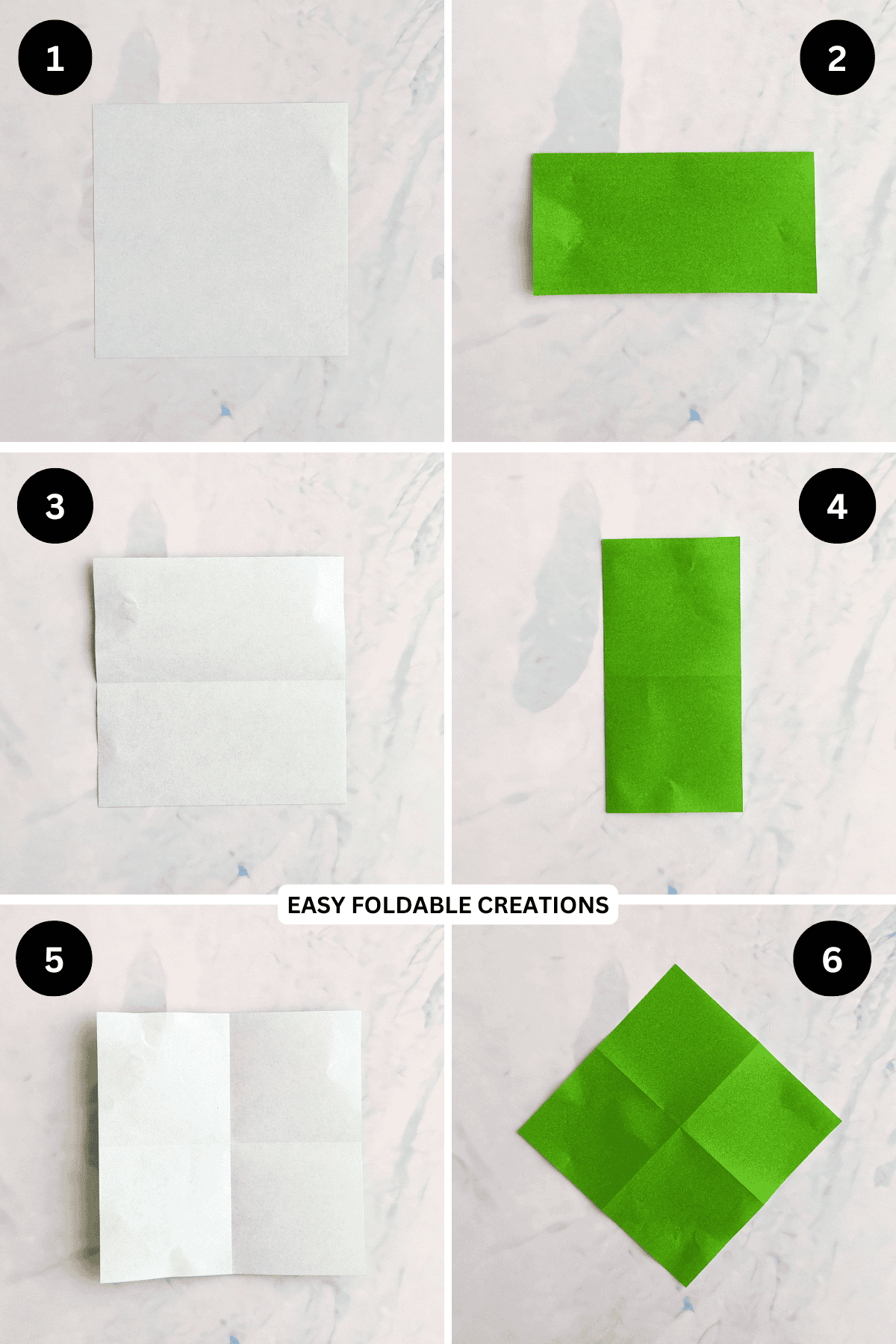 Steps 1 to 6 for folding an origami grasshopper.