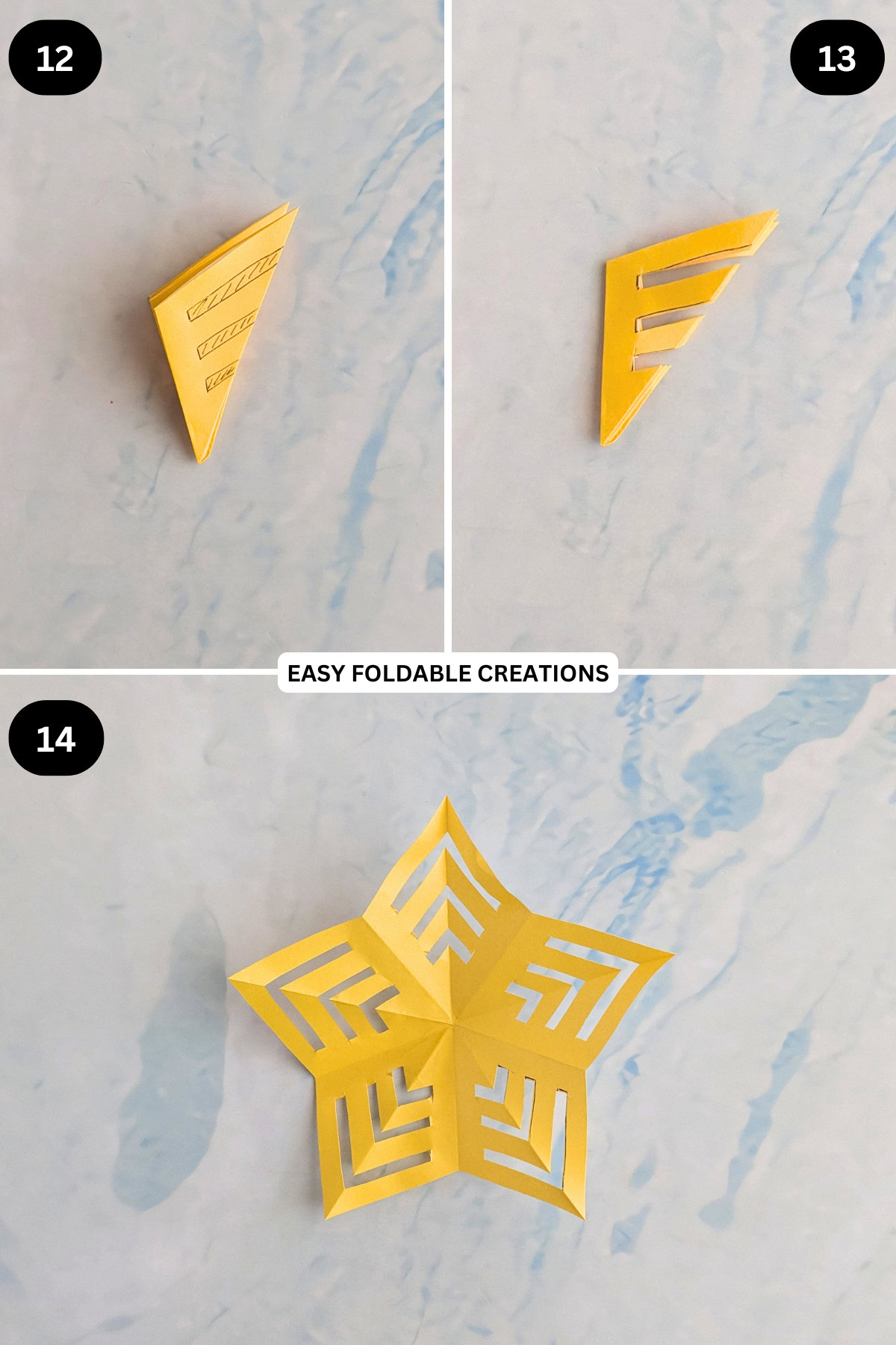 Steps 12 to 14 for folding an origami star.