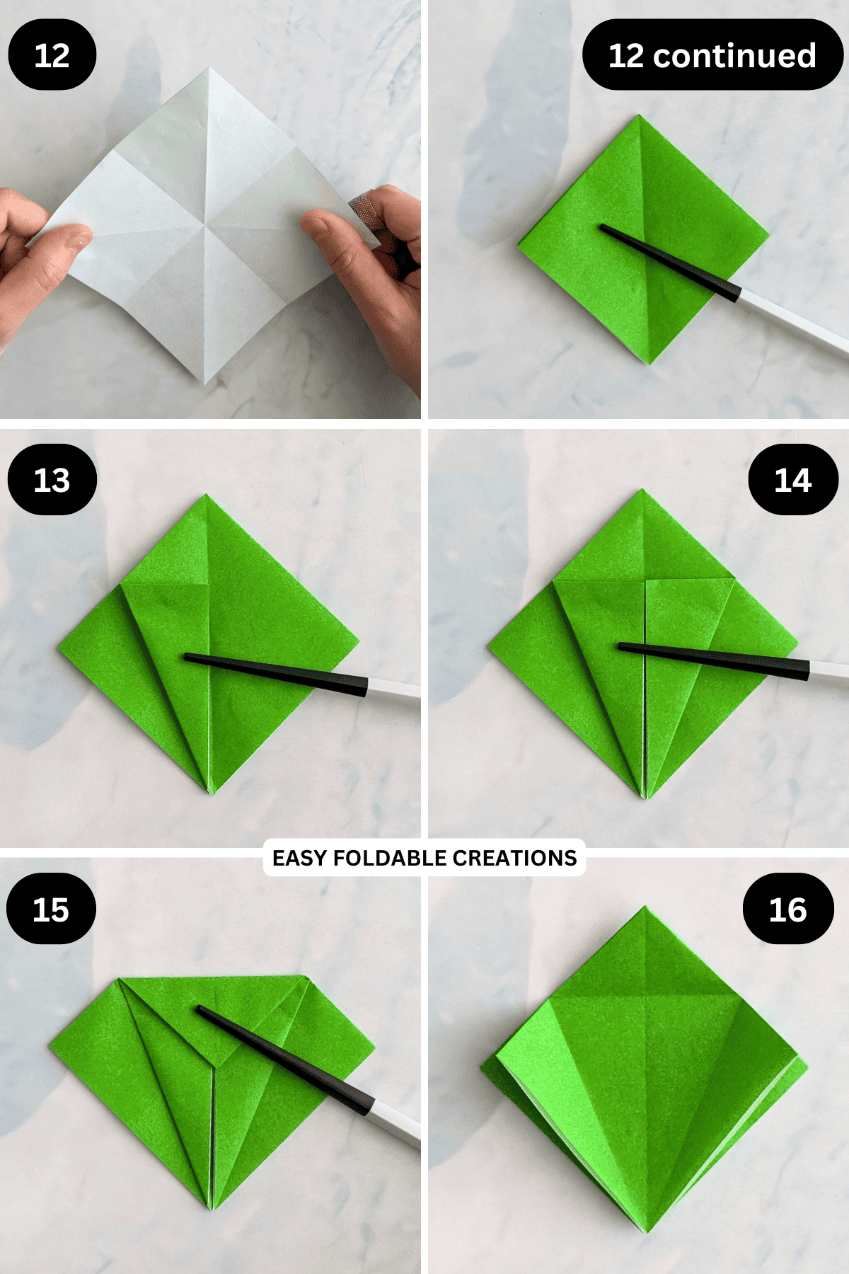 Steps 12 to 16 for folding an origami grasshopper.