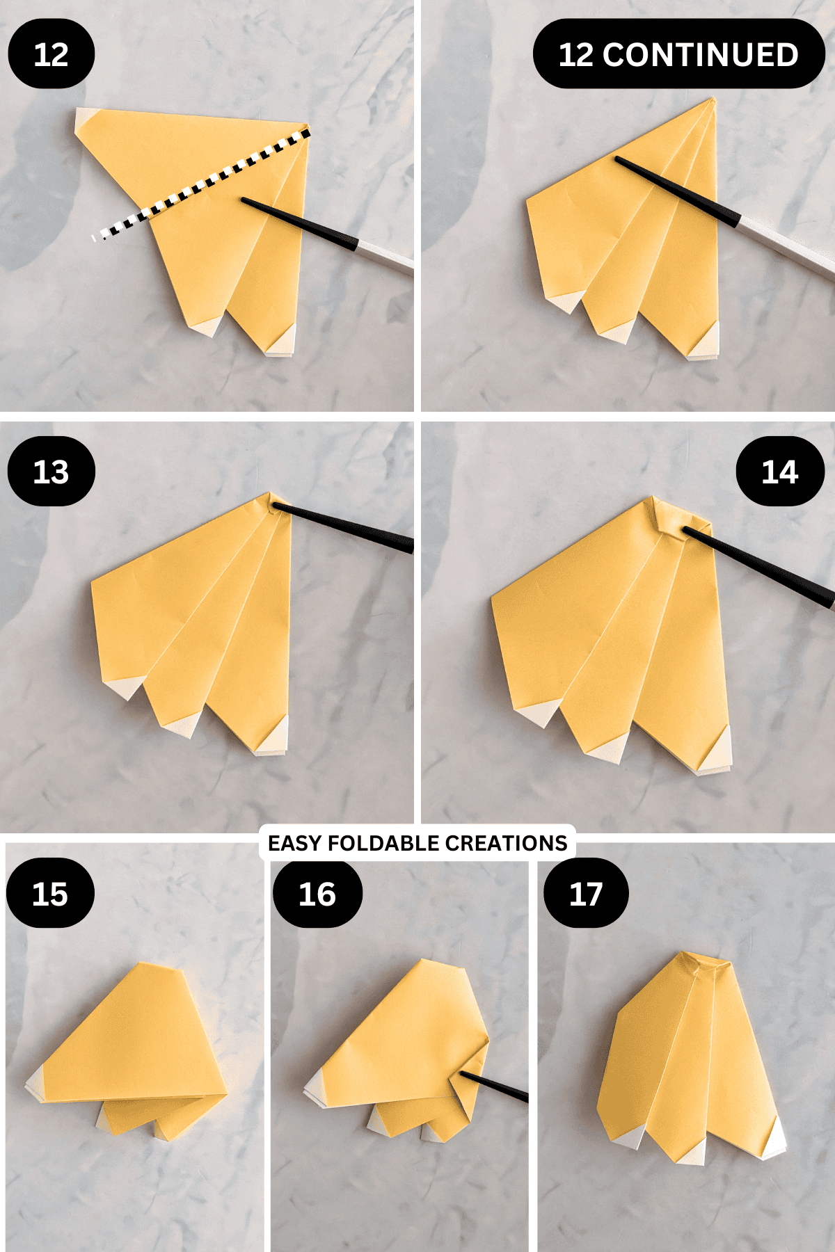 Steps 12 to 17 for folding an origami banana.