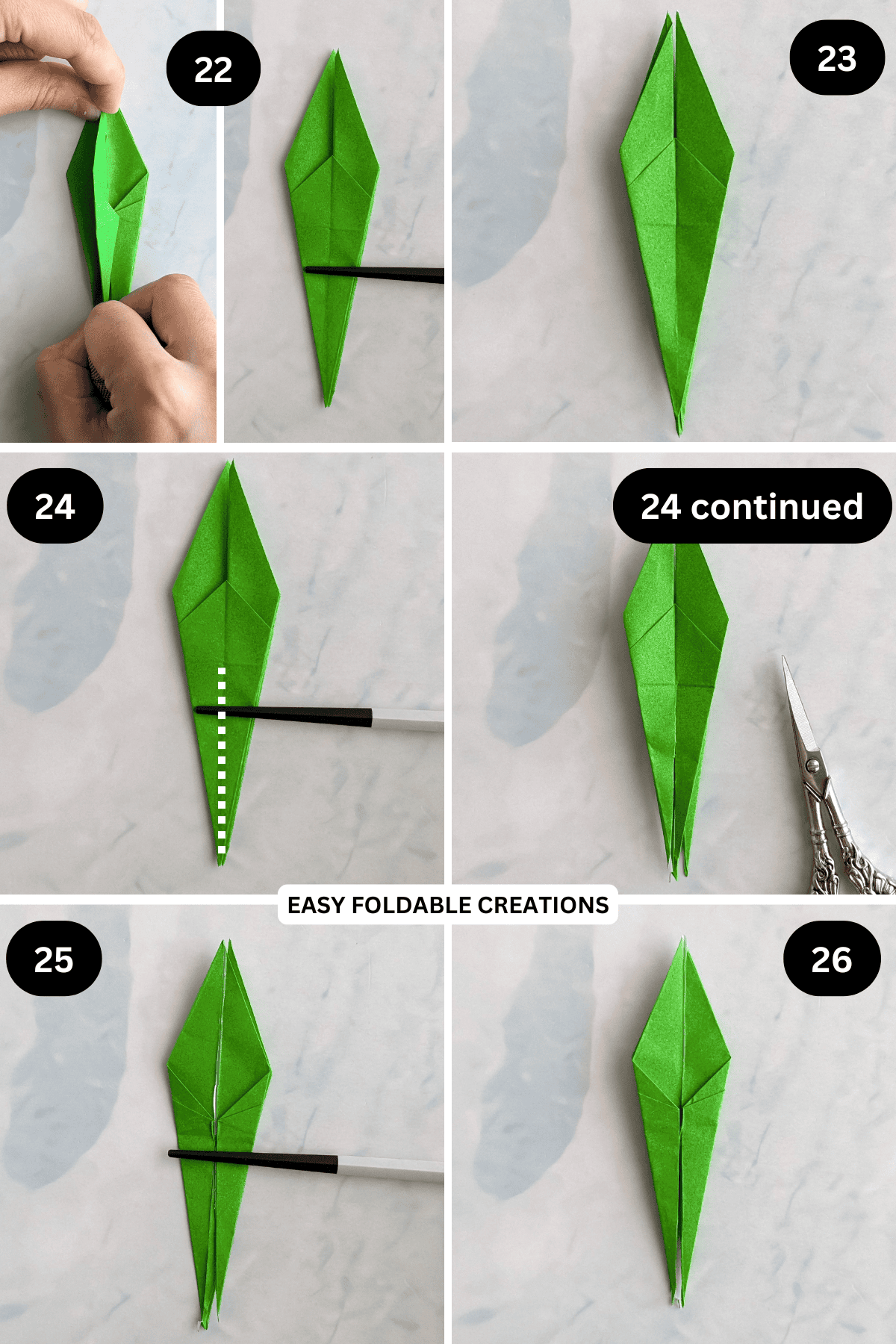 Steps 22 to 26 for folding an origami grasshopper.