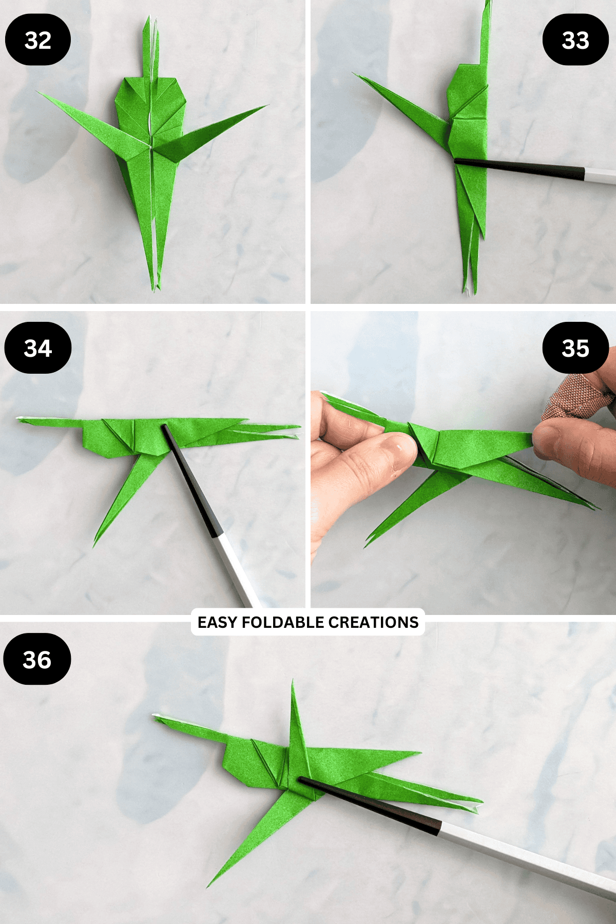 Steps 32 to 36 for folding an origami grasshopper.