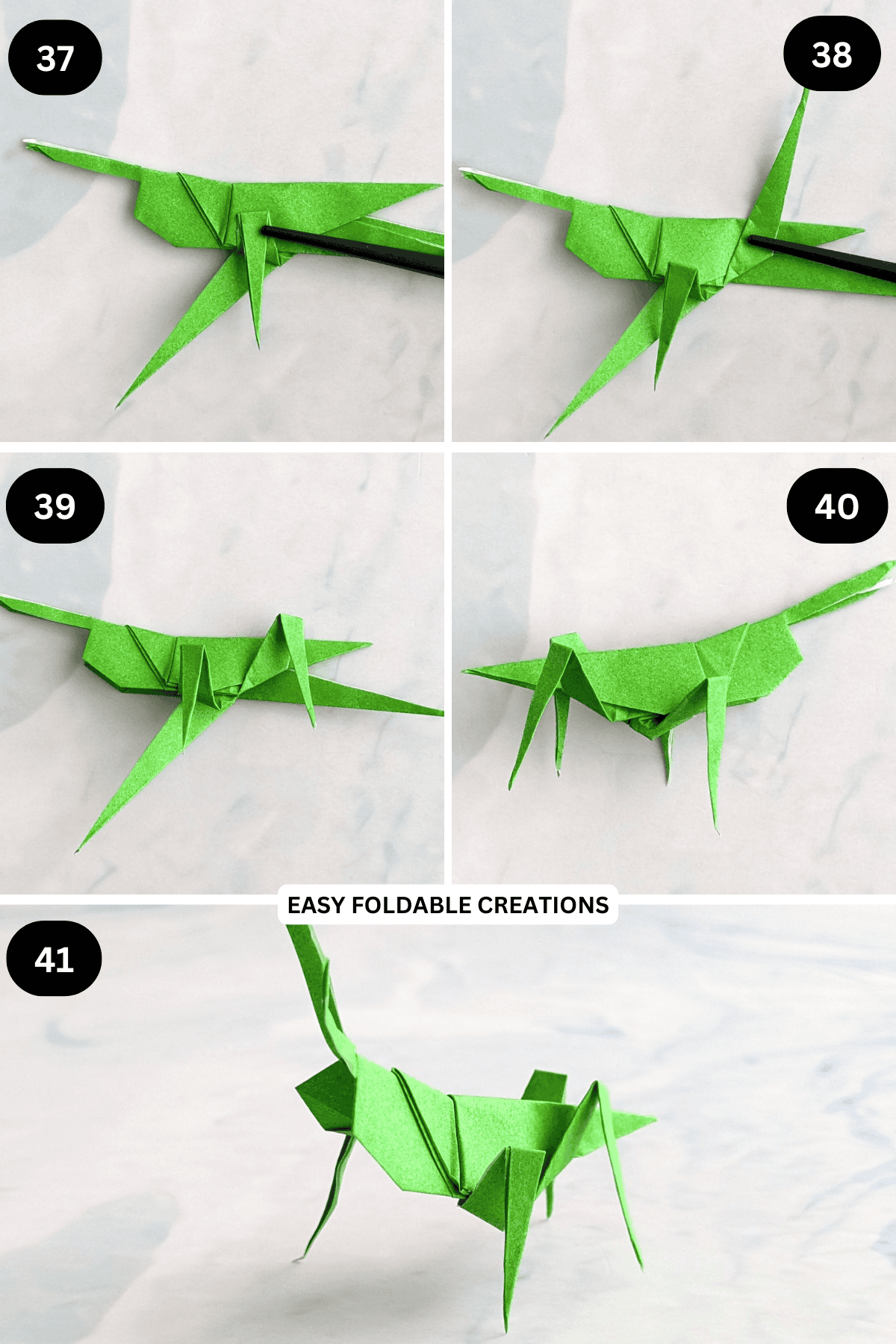 Steps 37 to 41 for folding an origami grasshopper.