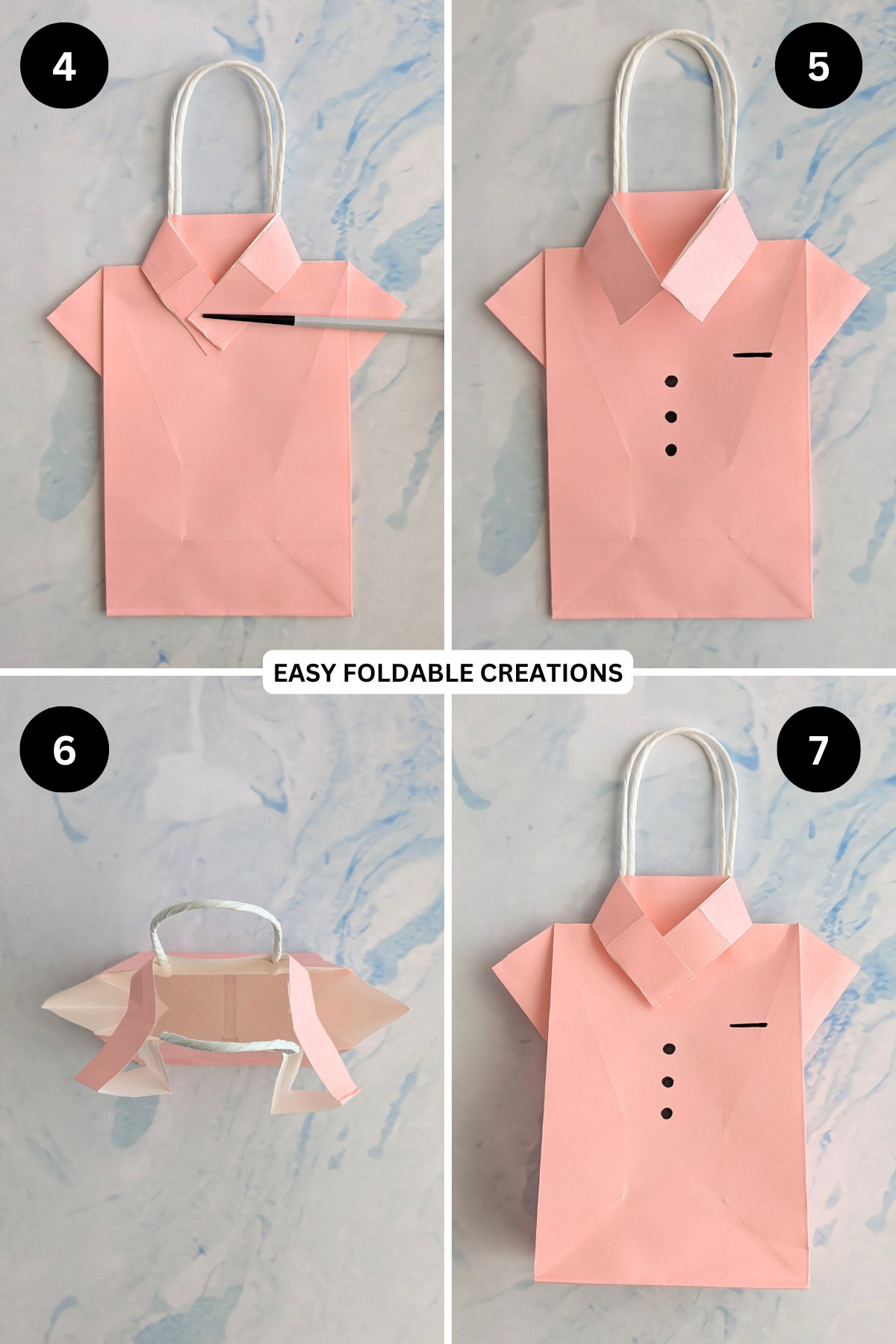 Steps 4 to 7 for making a DIY shirt gift bag.