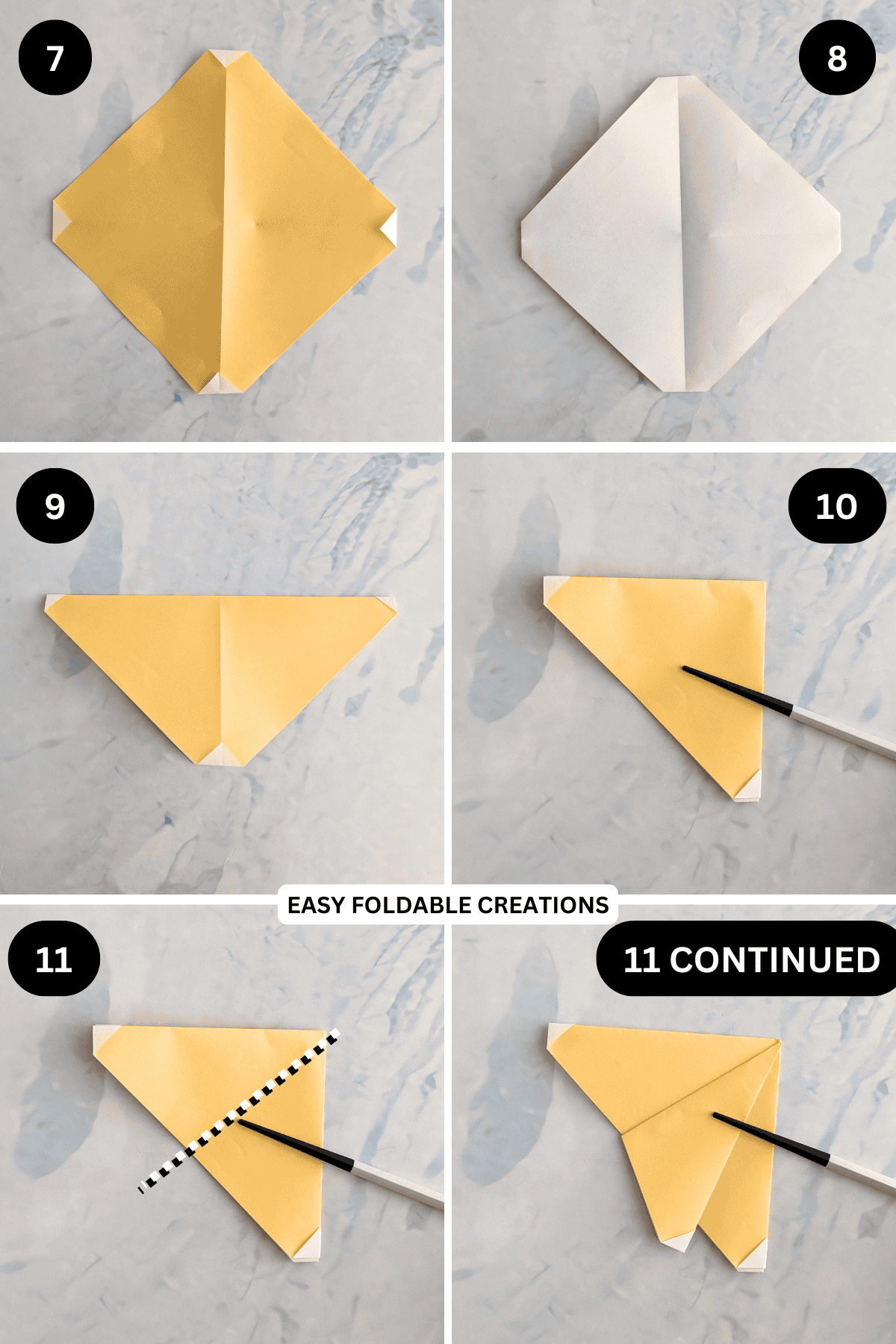 Steps 7 to 11 for folding an origami banana.