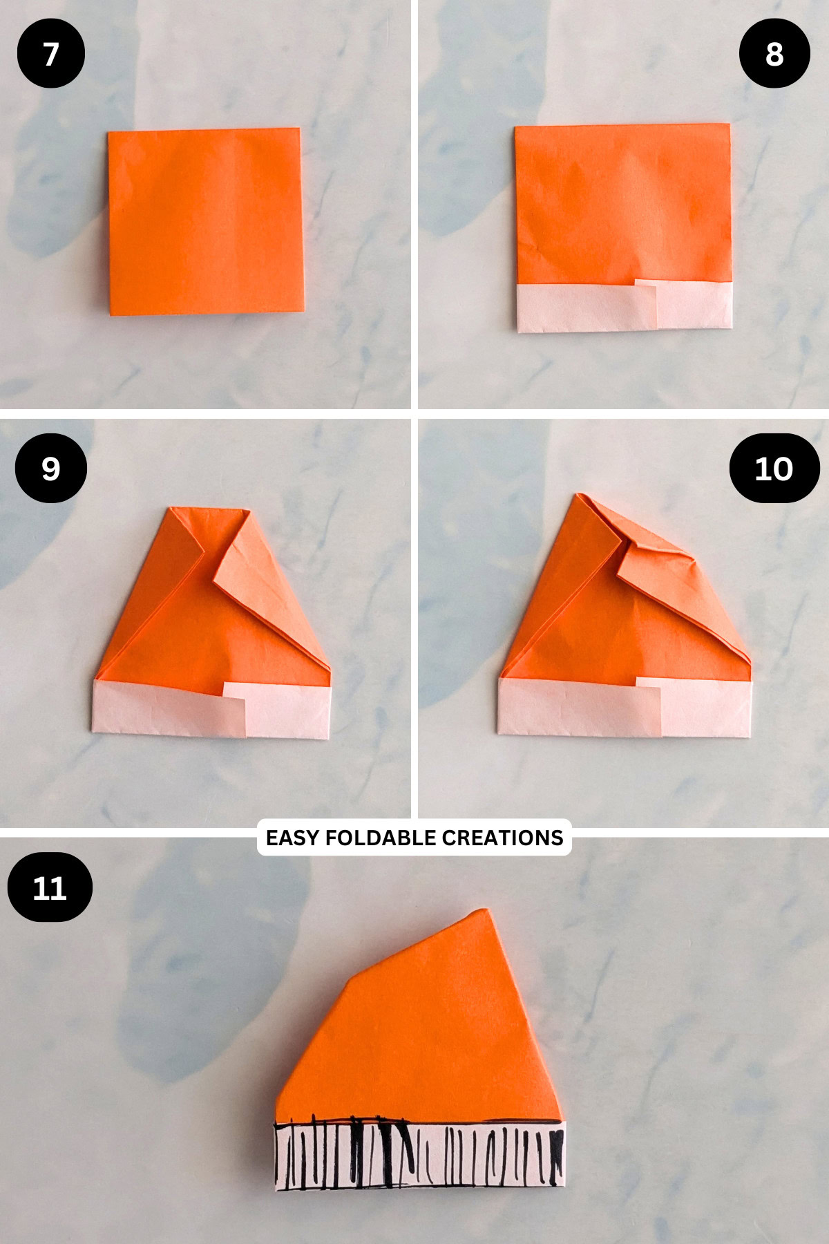 Steps 7 to 11 for folding an origami beanie.