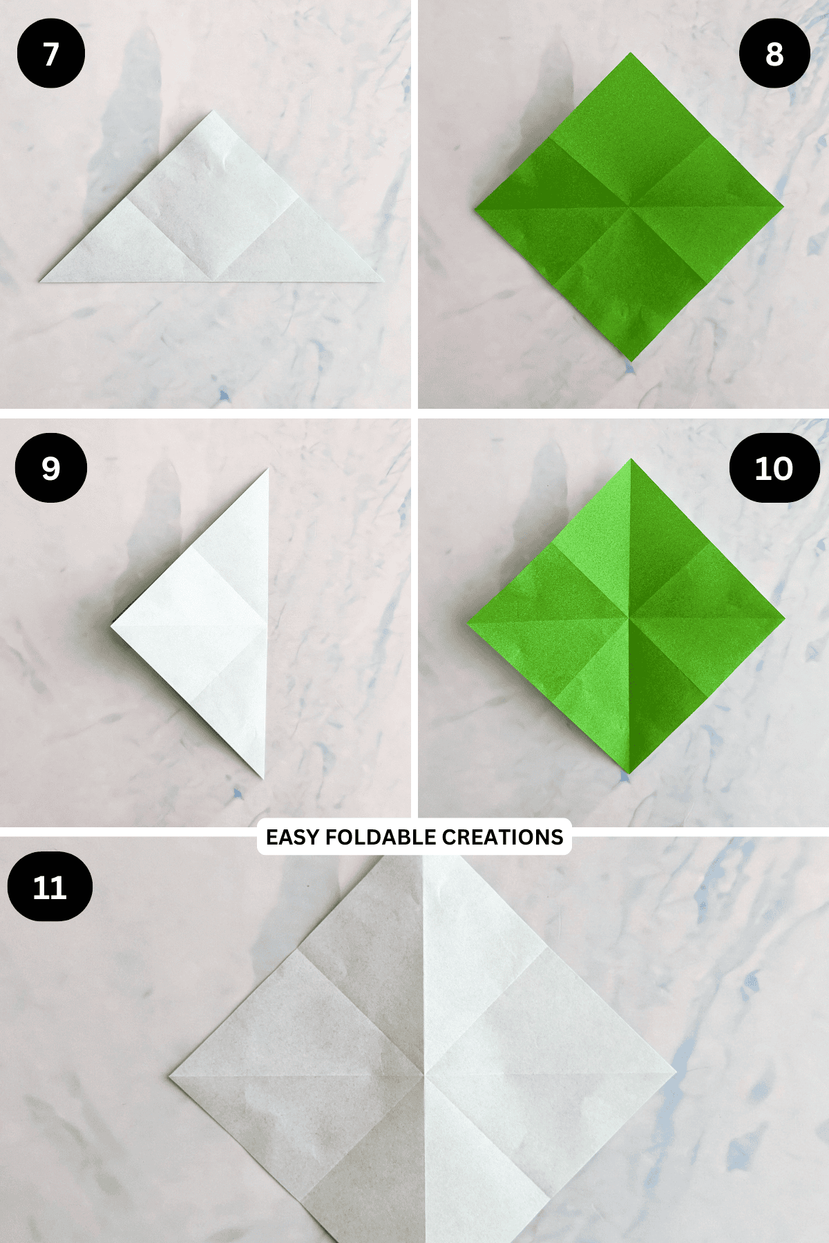 Steps 7 to 11 for folding an origami grasshopper.