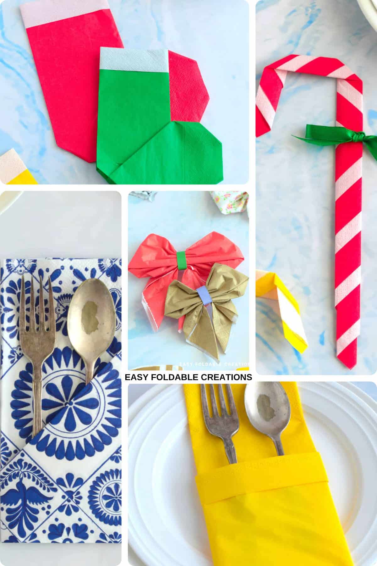 Collage of Christmas napkin folds.