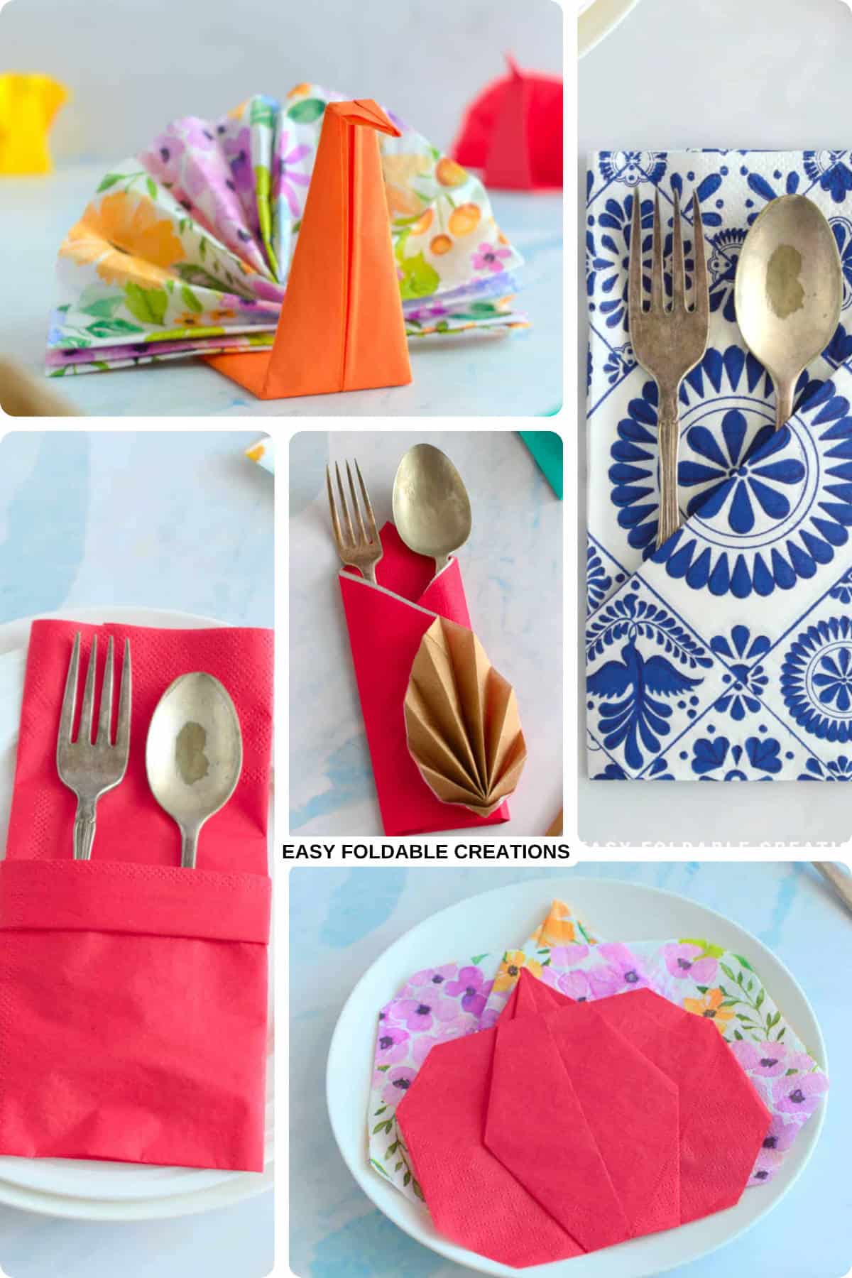 Collage of Thanksgiving napkin folds.