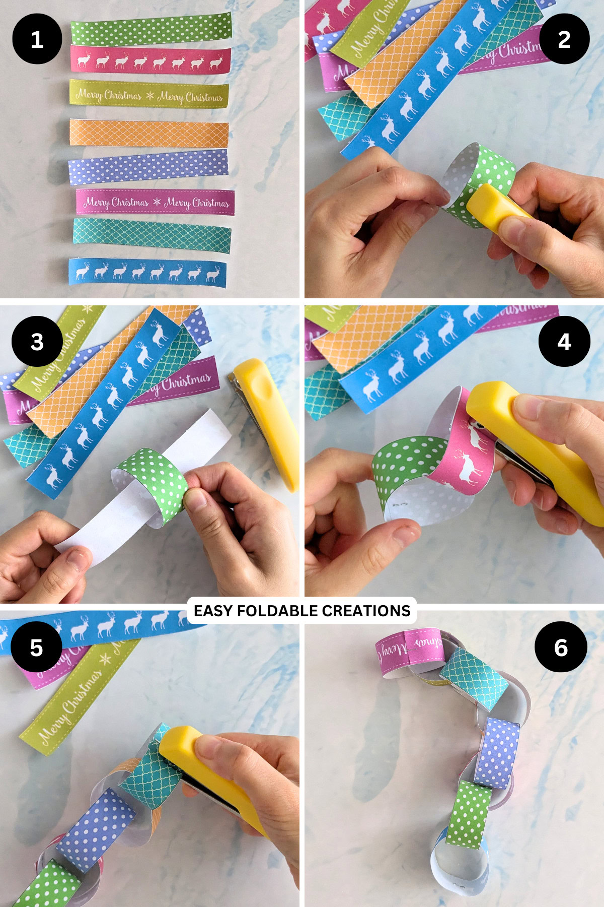 Steps 1 to 6 for making a Christmas paper chain.