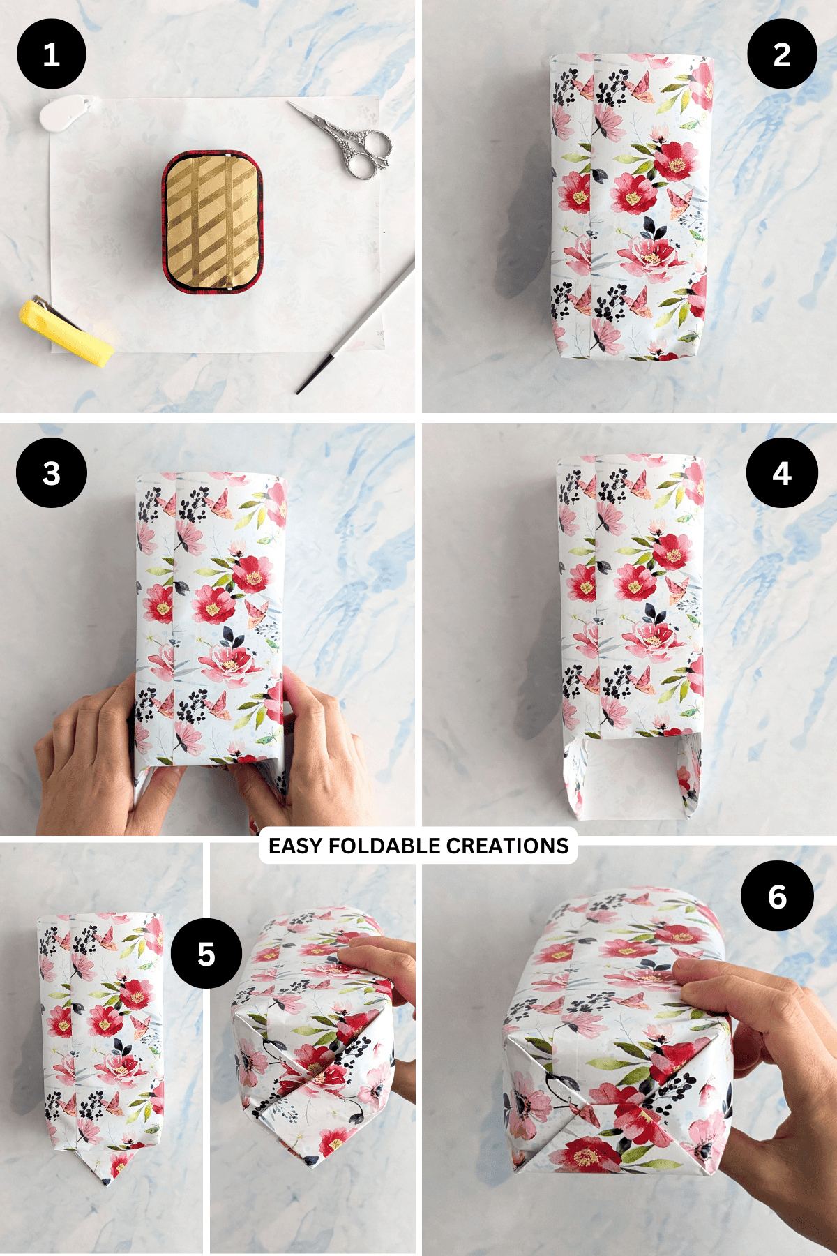 Steps 1 to 6 for wrapping a gift.