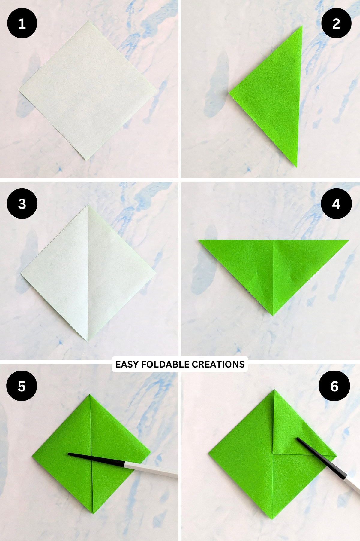 Steps 1 to 6 for folding an origami samurai hat.