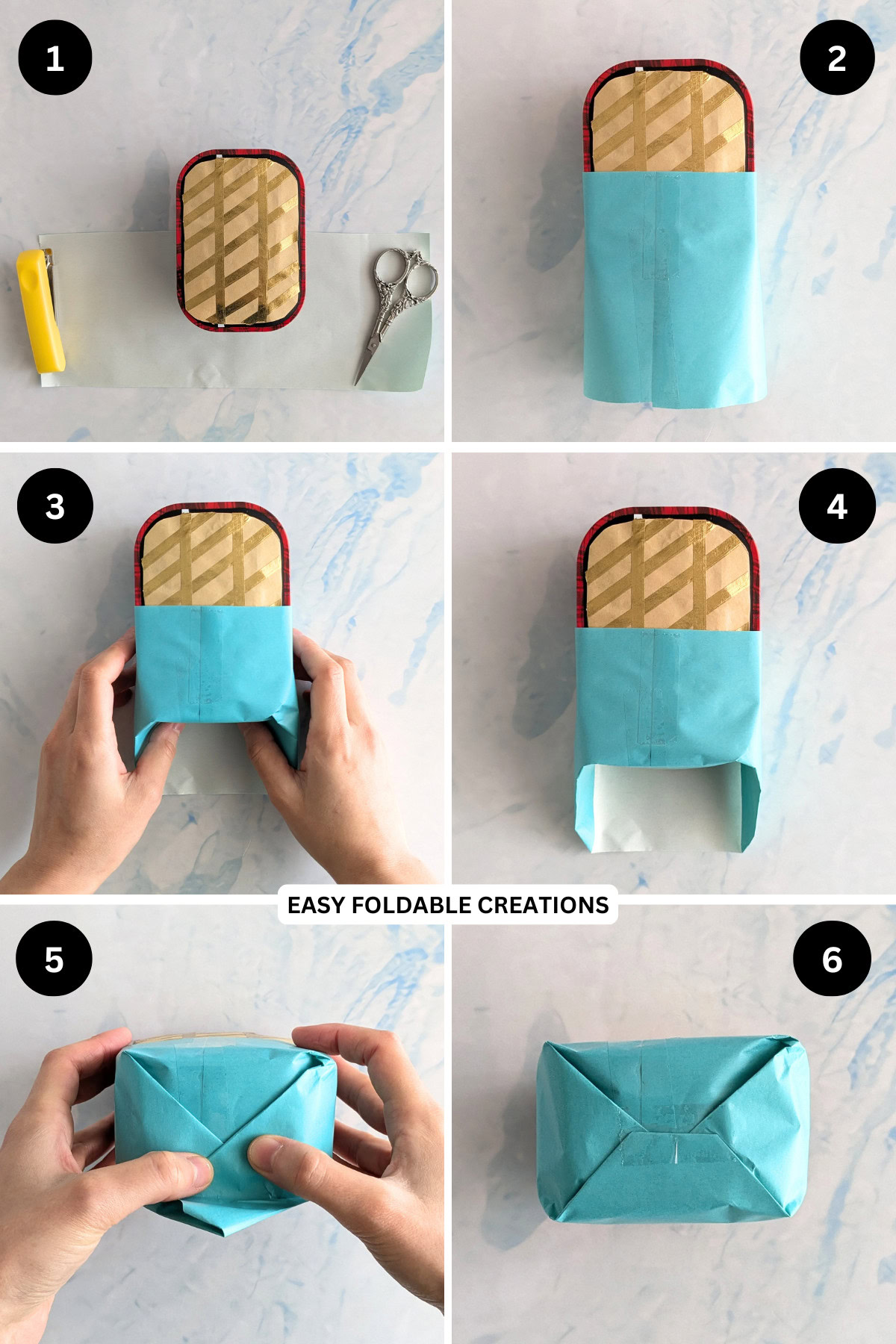 Steps 1 to 6 for wrapping a gift.