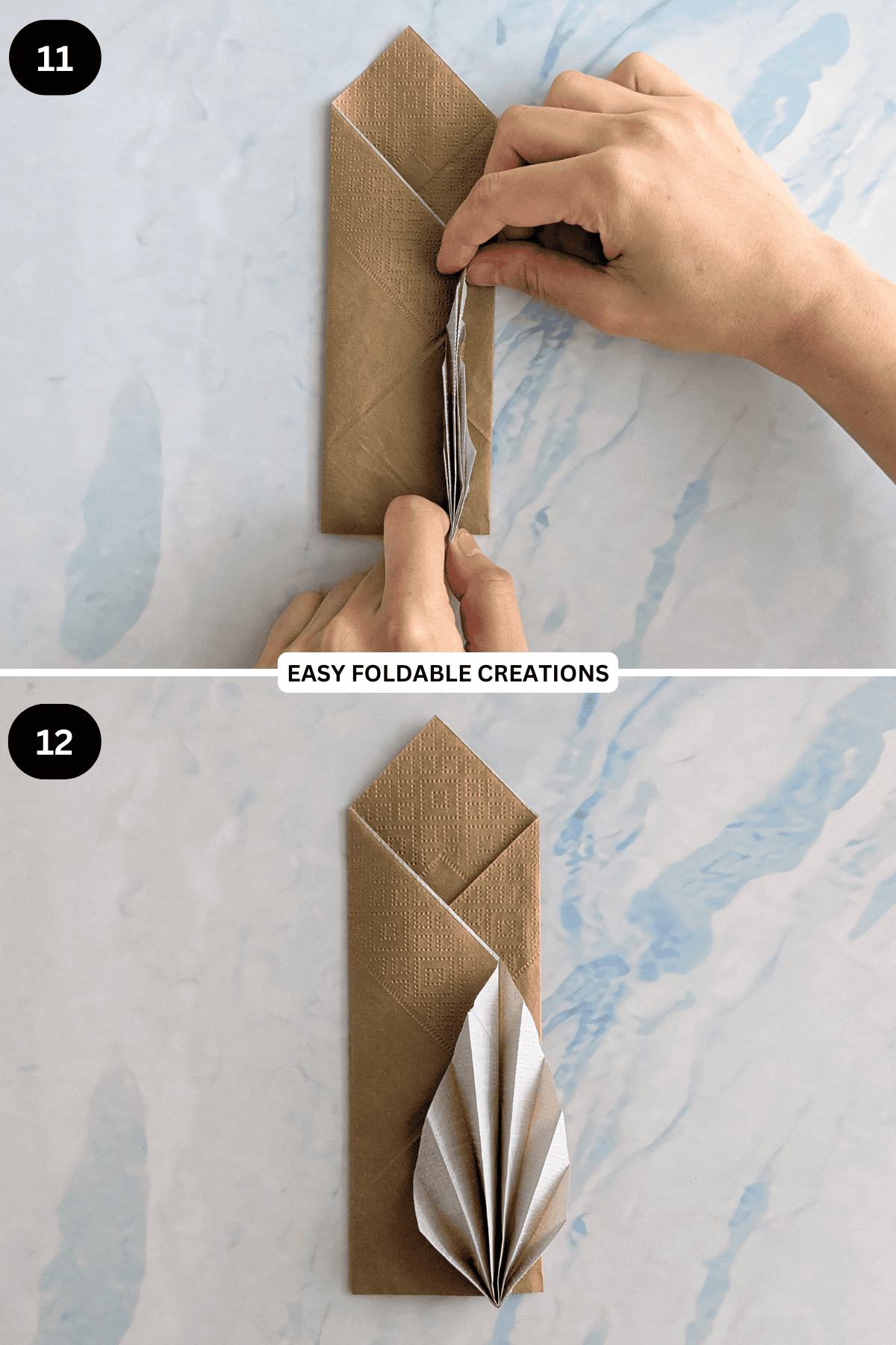 Steps 11 to 12 for folding a pocket fan napkin fold.
