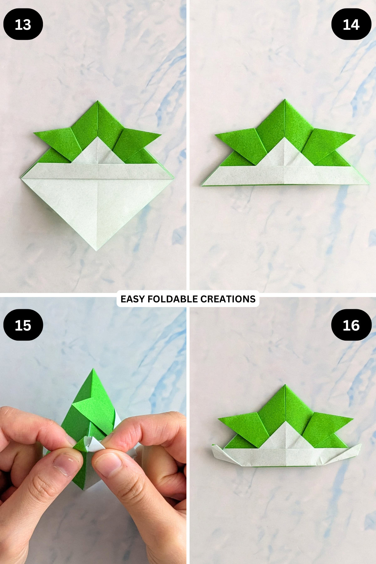 Steps 13 to 16 for folding an origami samurai hat.