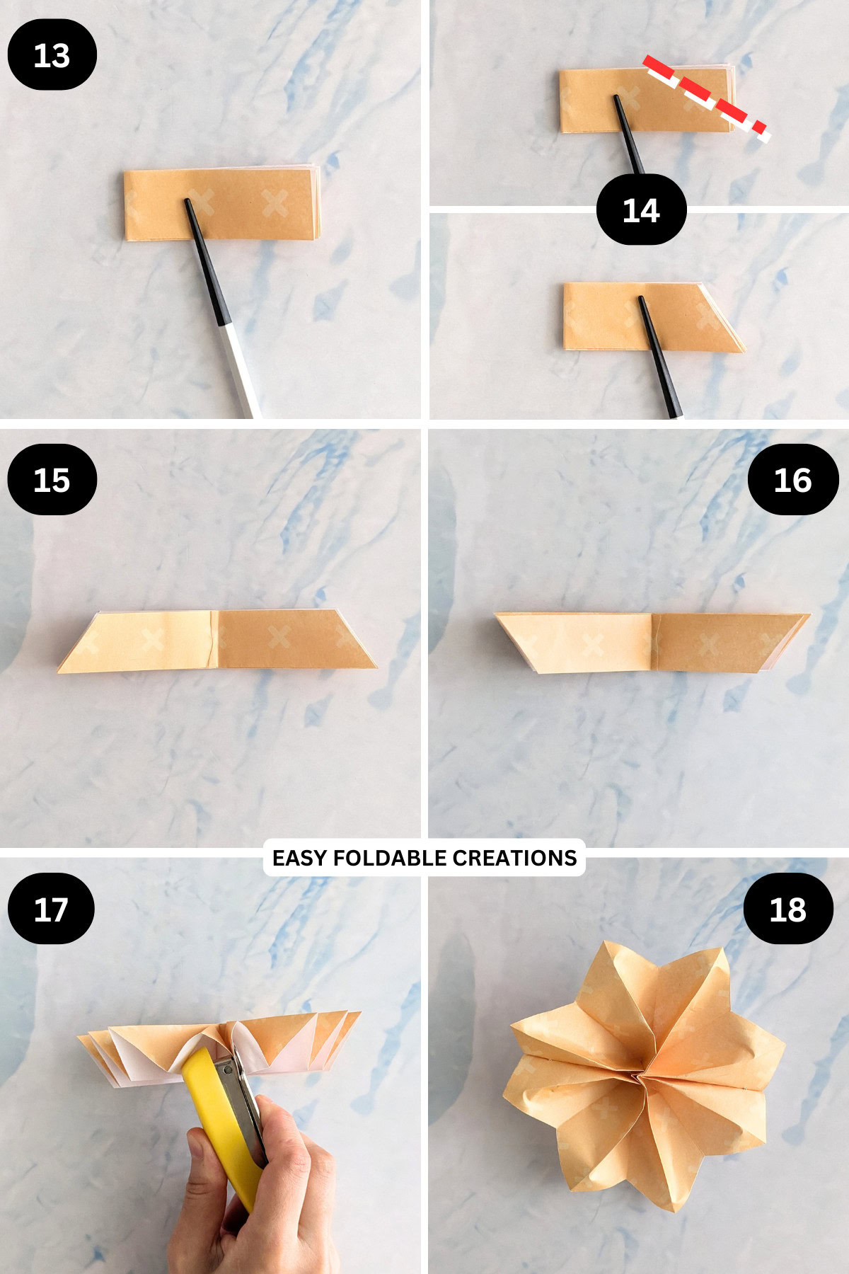 Steps 13 to 18 for folding a paper star.