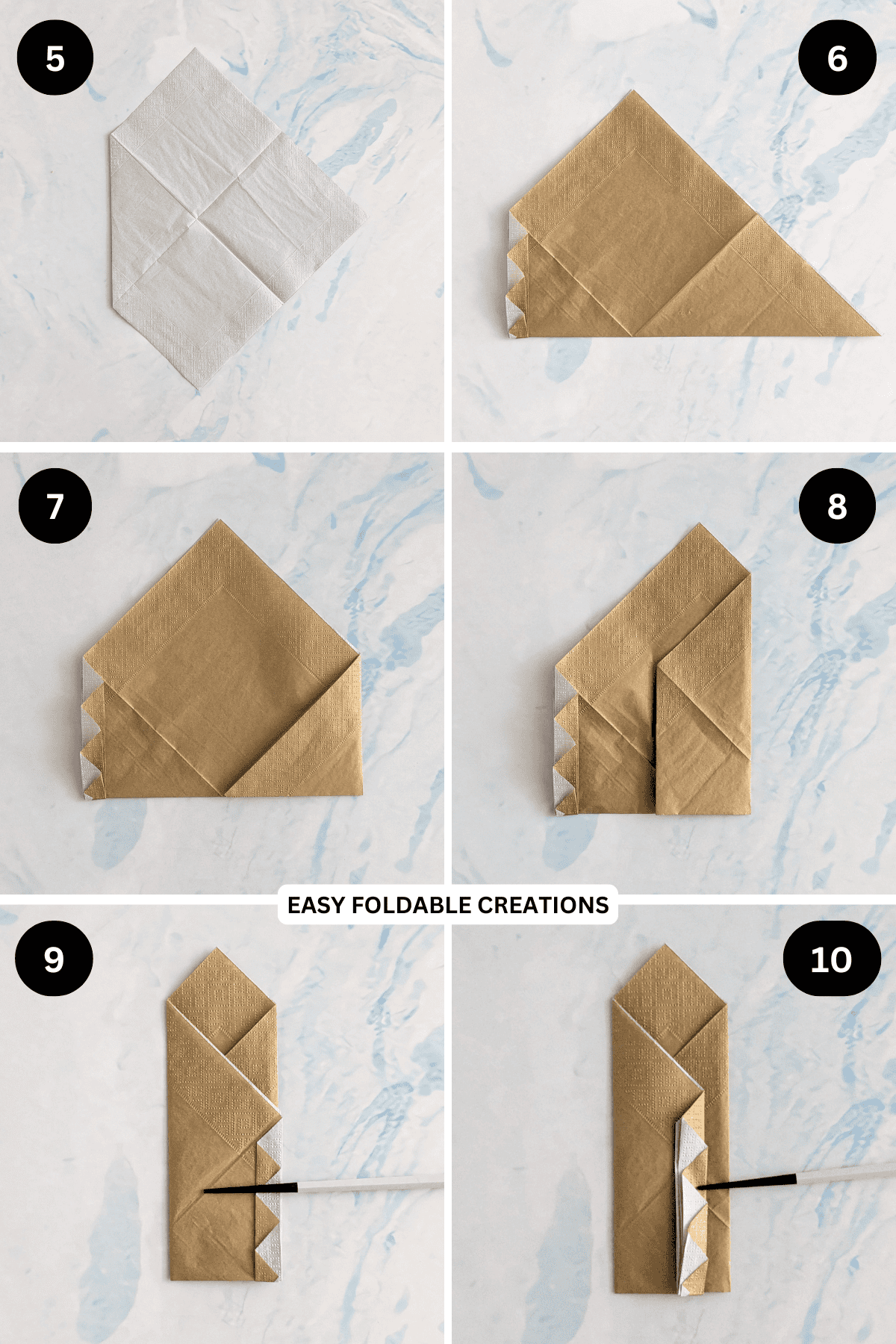 Steps 5 to 10 for folding a pocket fan napkin fold.