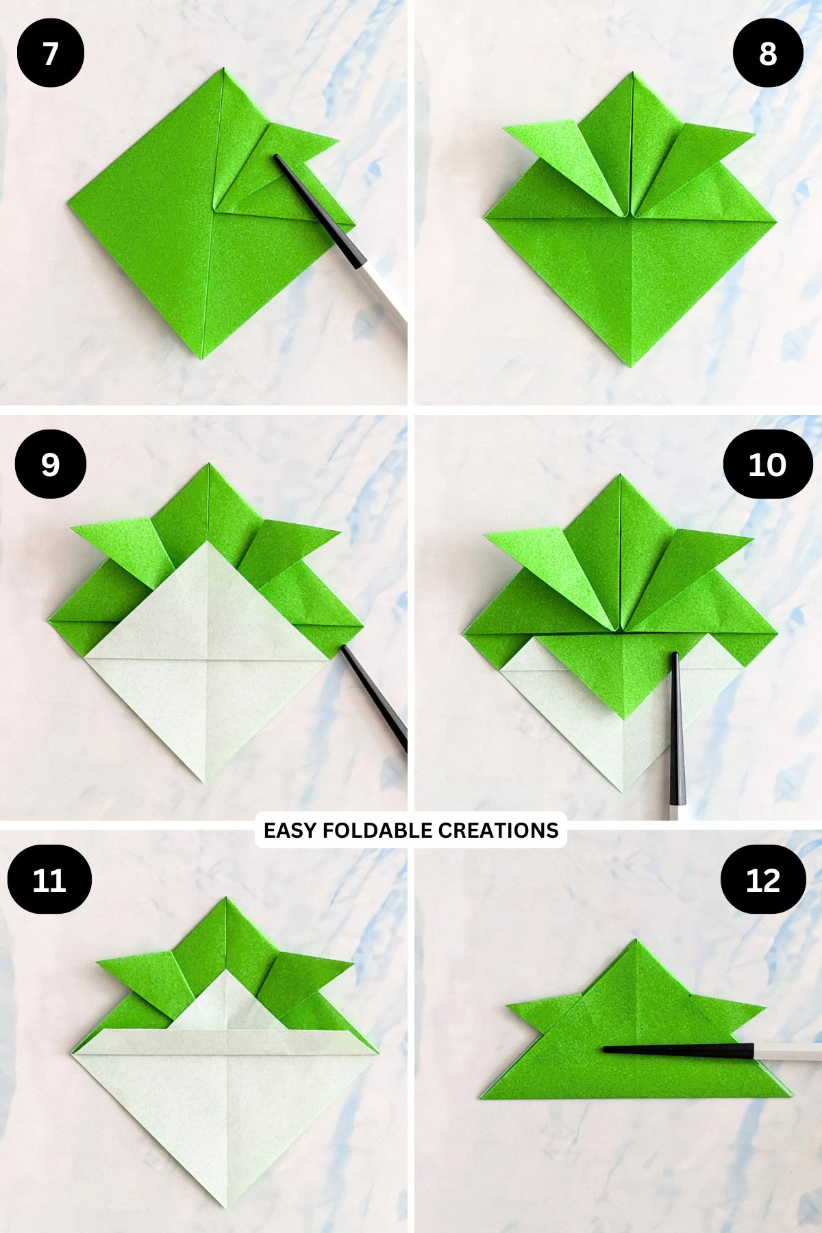 Steps 7 to 12 for folding an origami samurai hat.