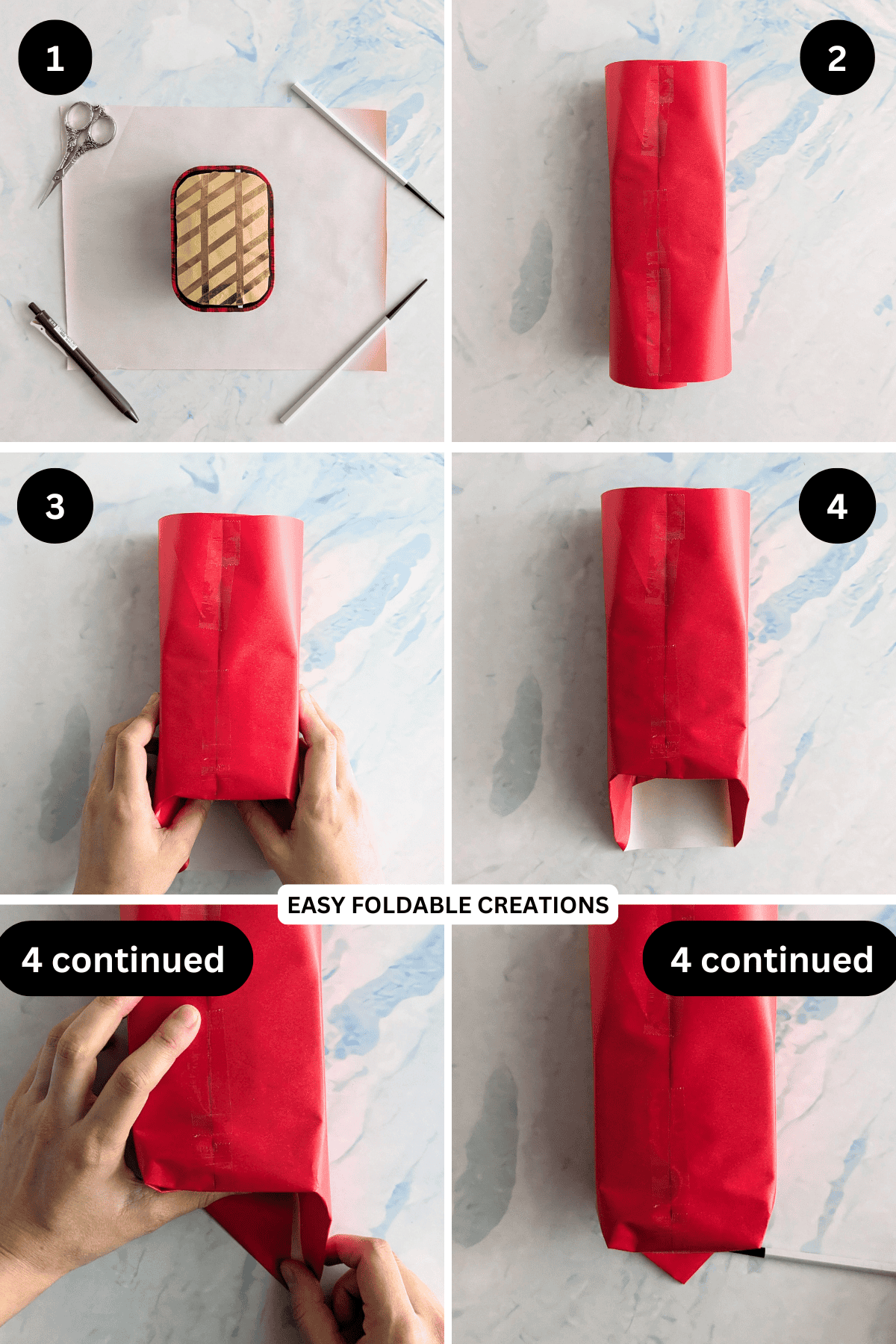 Steps 1 to 4 for wrapping a Christmas present.