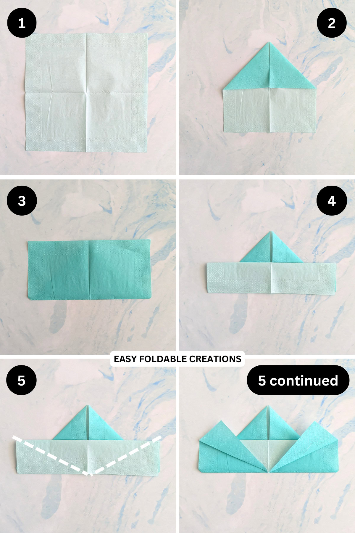 Steps 1 to 5 for folding a maple leaf napkin fold.